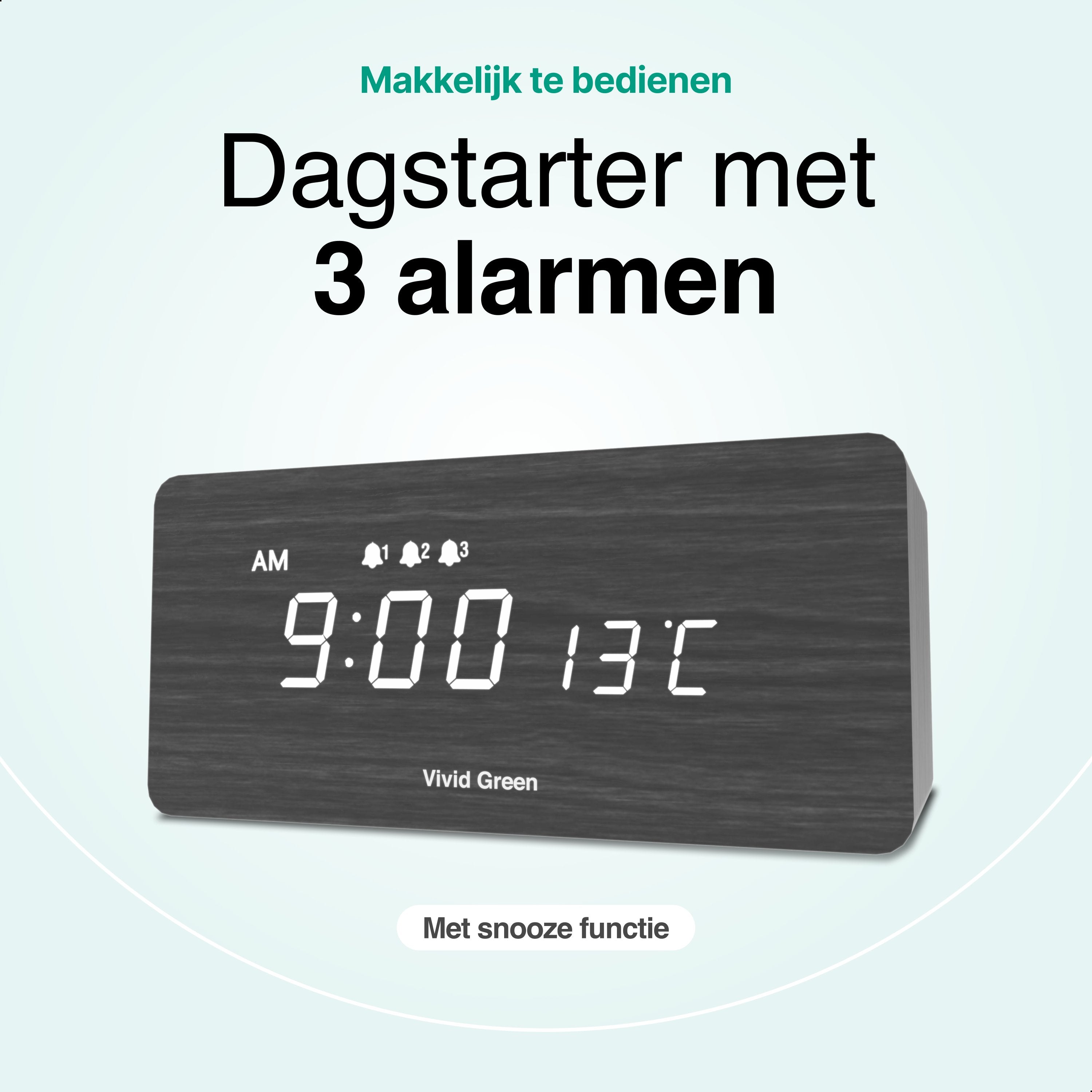 Vivid Green Houten Digitale Wekker met Draadloos Opladen - Wekkers Digitaal - Thermometer Functie - Alarm - QI Wireless Charger