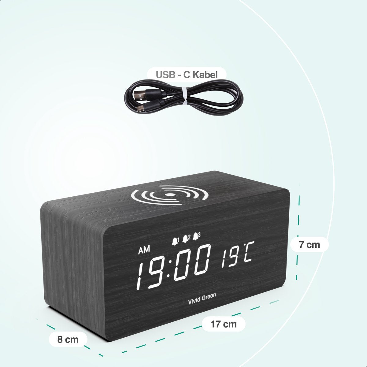 Vivid Green Houten Digitale Wekker met Draadloos Opladen - Wekkers Digitaal - Thermometer Functie - Alarm - QI Wireless Charger