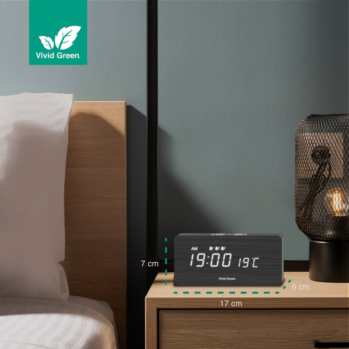 Vivid Green Houten Digitale Wekker met Draadloos Opladen - Wekkers Digitaal - Thermometer Functie - Alarm - QI Wireless Charger