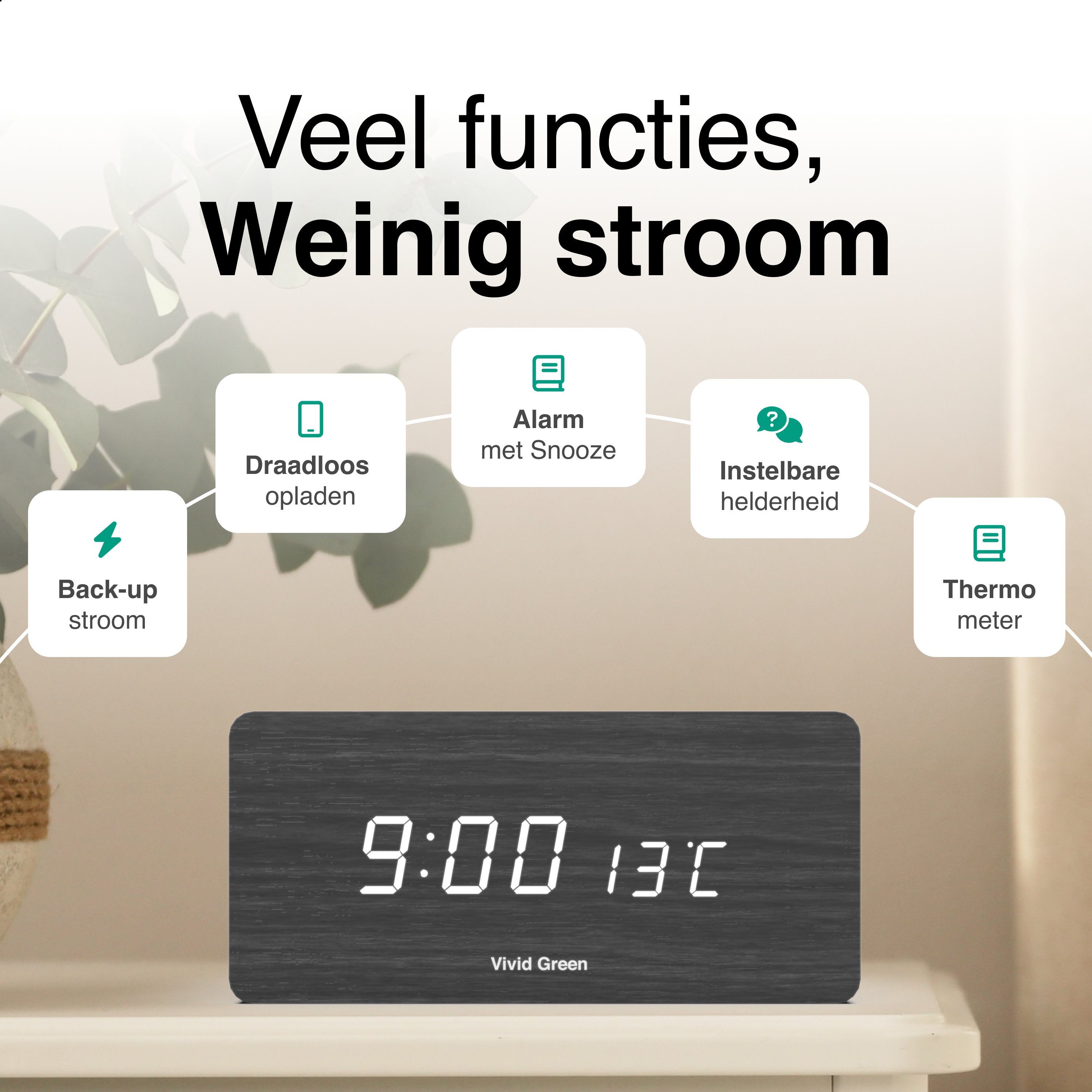 Vivid Green Houten Digitale Wekker met Draadloos Opladen - Wekkers Digitaal - Thermometer Functie - Alarm - QI Wireless Charger