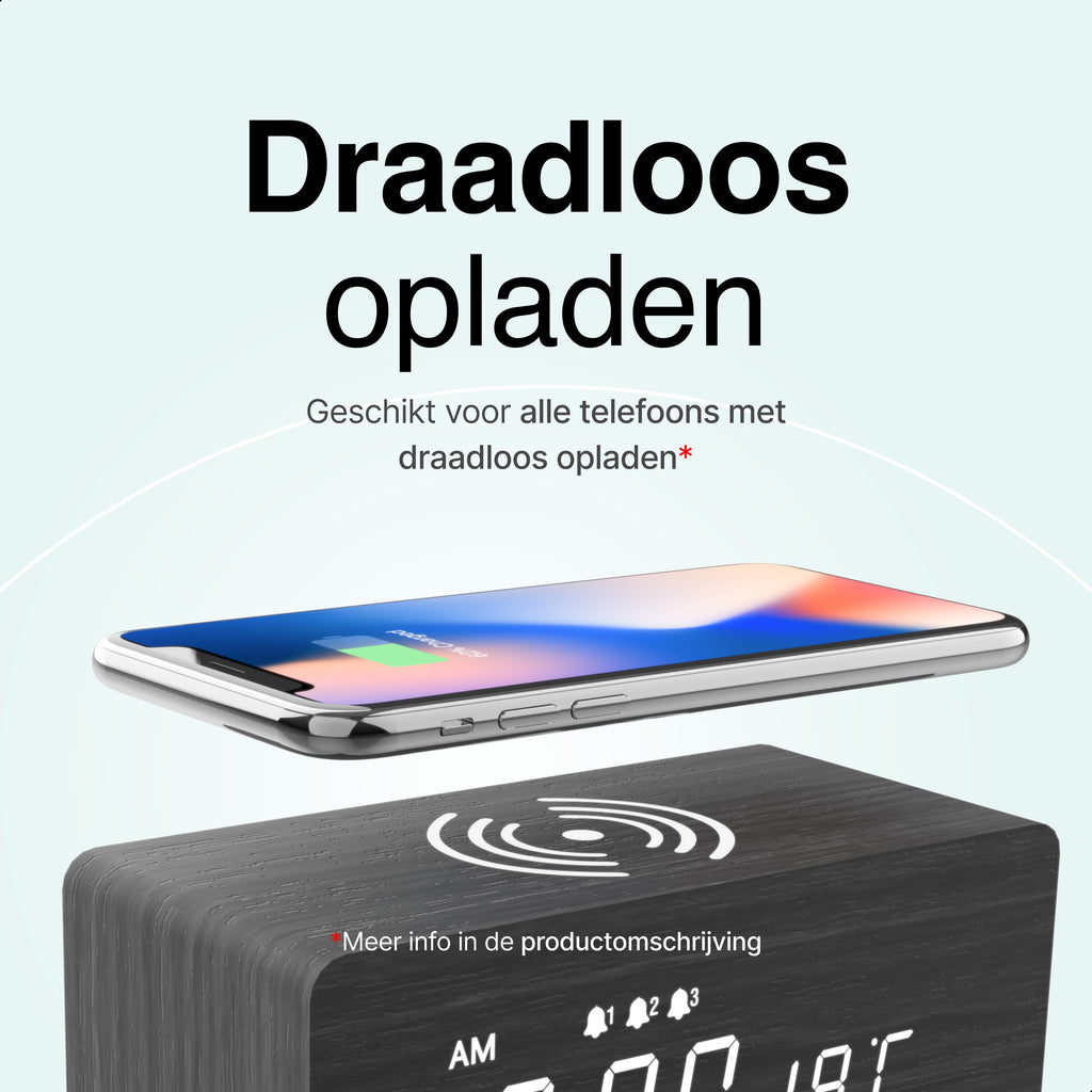 Vivid Green Houten Digitale Wekker met Draadloos Opladen - Wekkers Digitaal - Thermometer Functie - Alarm - QI Wireless Charger