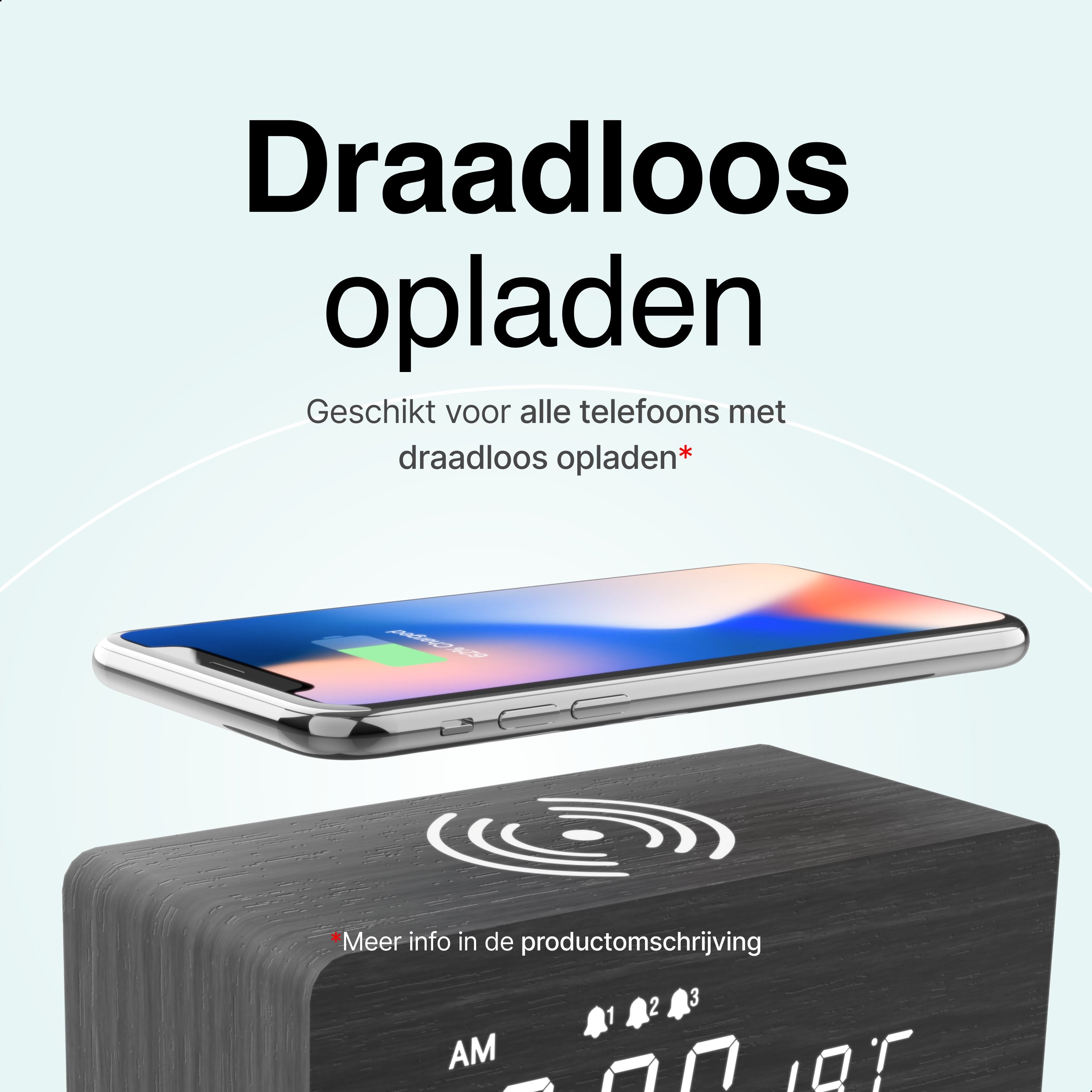 Vivid Green Houten Digitale Wekker met Draadloos Opladen - Wekkers Digitaal - Thermometer Functie - Alarm - QI Wireless Charger