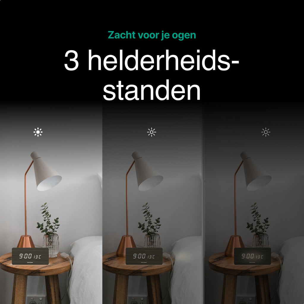 Vivid Green Houten Digitale Wekker met Draadloos Opladen - Wekkers Digitaal - Thermometer Functie - Alarm - QI Wireless Charger