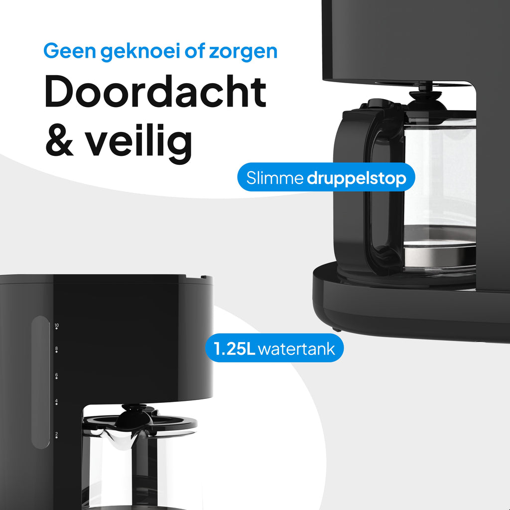 Koffiezetapparaat Filterkoffie 1,25 Liter Met Glazen Kan & Herbruikbaar Filter - 10 Kopjes - Druppelstop - Zwart - Vivid Green