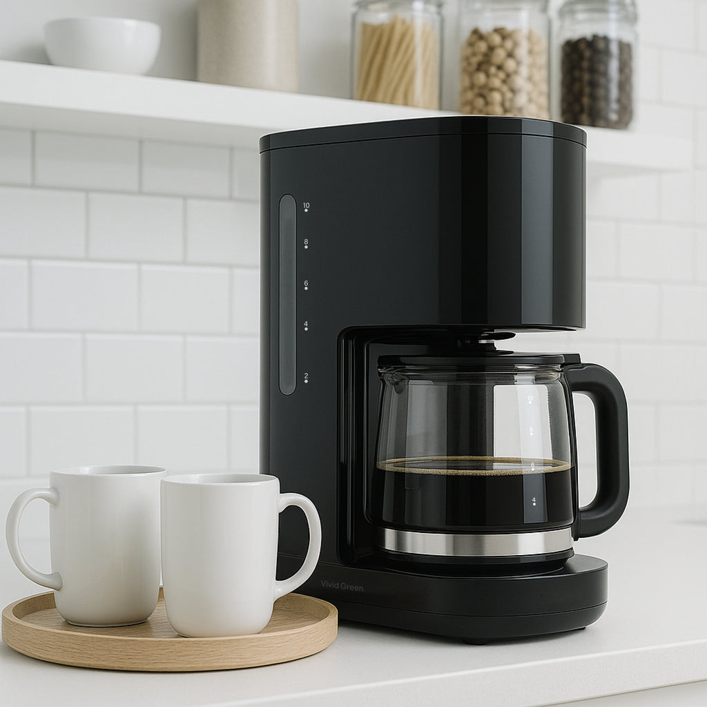 Koffiezetapparaat Filterkoffie 1,25 Liter Met Glazen Kan & Herbruikbaar Filter - 10 Kopjes - Druppelstop - Zwart - Vivid Green
