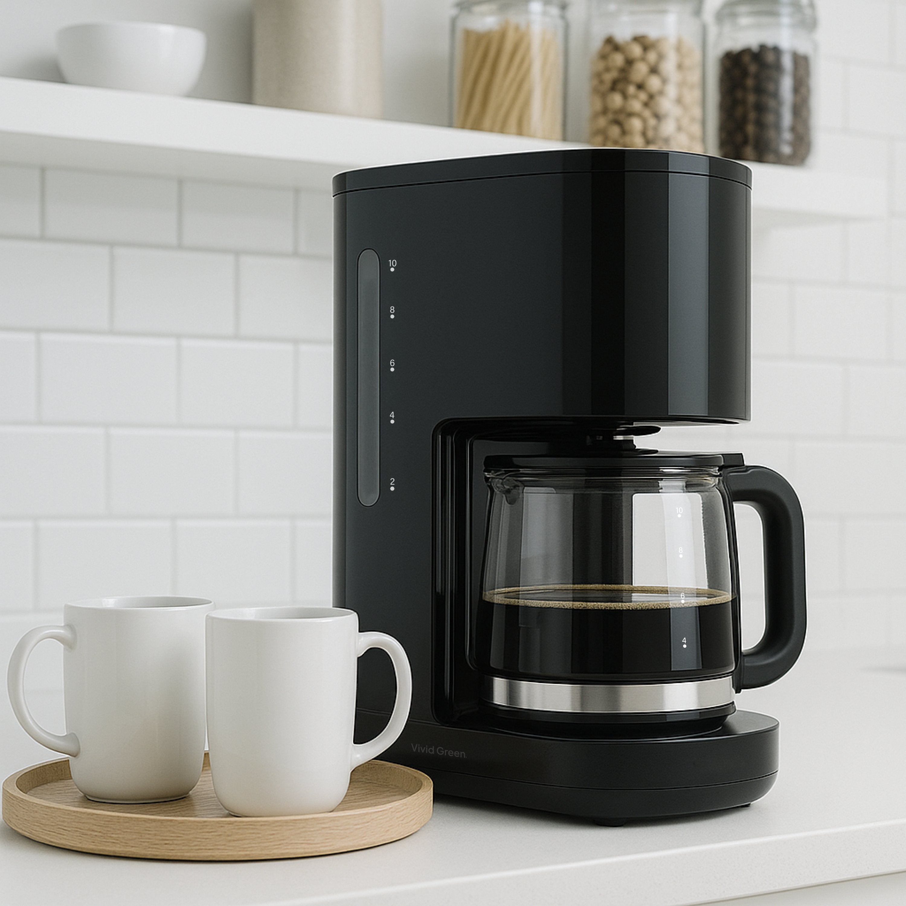 Koffiezetapparaat Filterkoffie 1,25 Liter Met Glazen Kan & Herbruikbaar Filter - 10 Kopjes - Druppelstop - Zwart - Vivid Green