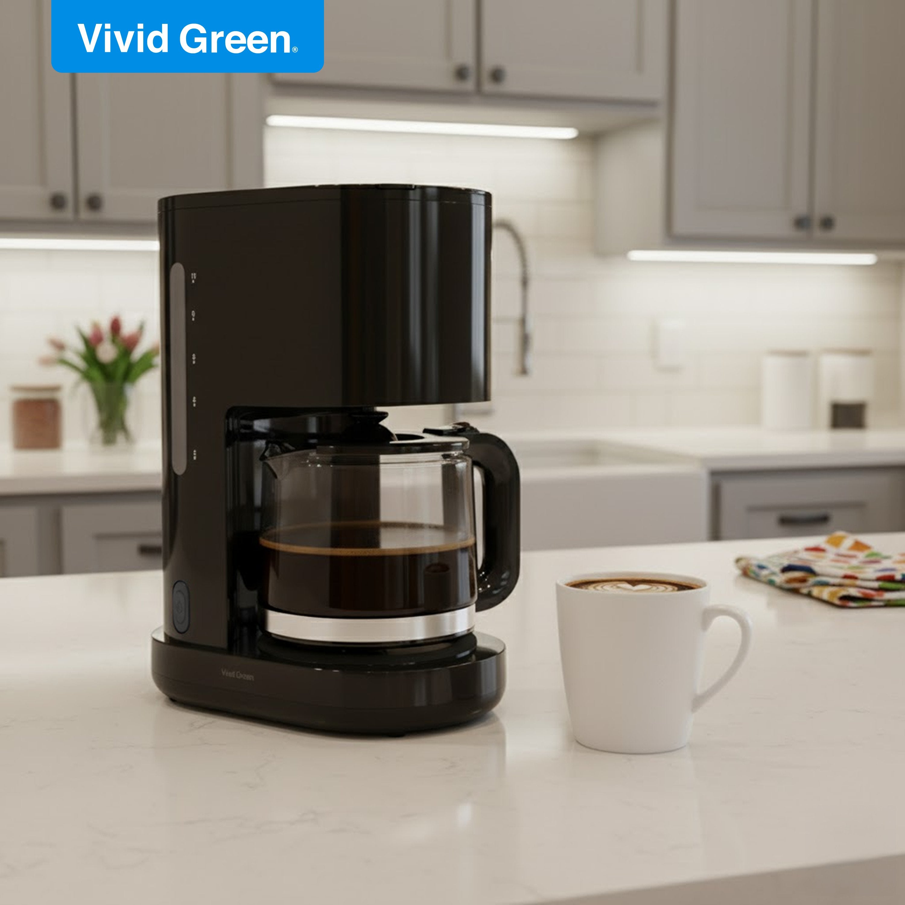 Koffiezetapparaat Filterkoffie 1,25 Liter Met Glazen Kan & Herbruikbaar Filter - 10 Kopjes - Druppelstop - Zwart - Vivid Green