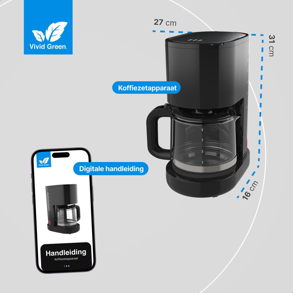 Koffiezetapparaat Filterkoffie 1,25 Liter Met Glazen Kan & Herbruikbaar Filter - 10 Kopjes - Druppelstop - Zwart - Vivid Green