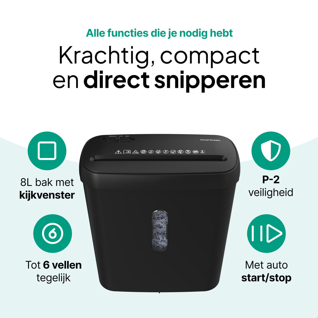 Papierversnipperaar Voor Thuis - Compacte Papiervernietiger 8 Liter - Vernietigt 6 Vel - Stroken P2 - Zwart - Vivid Green