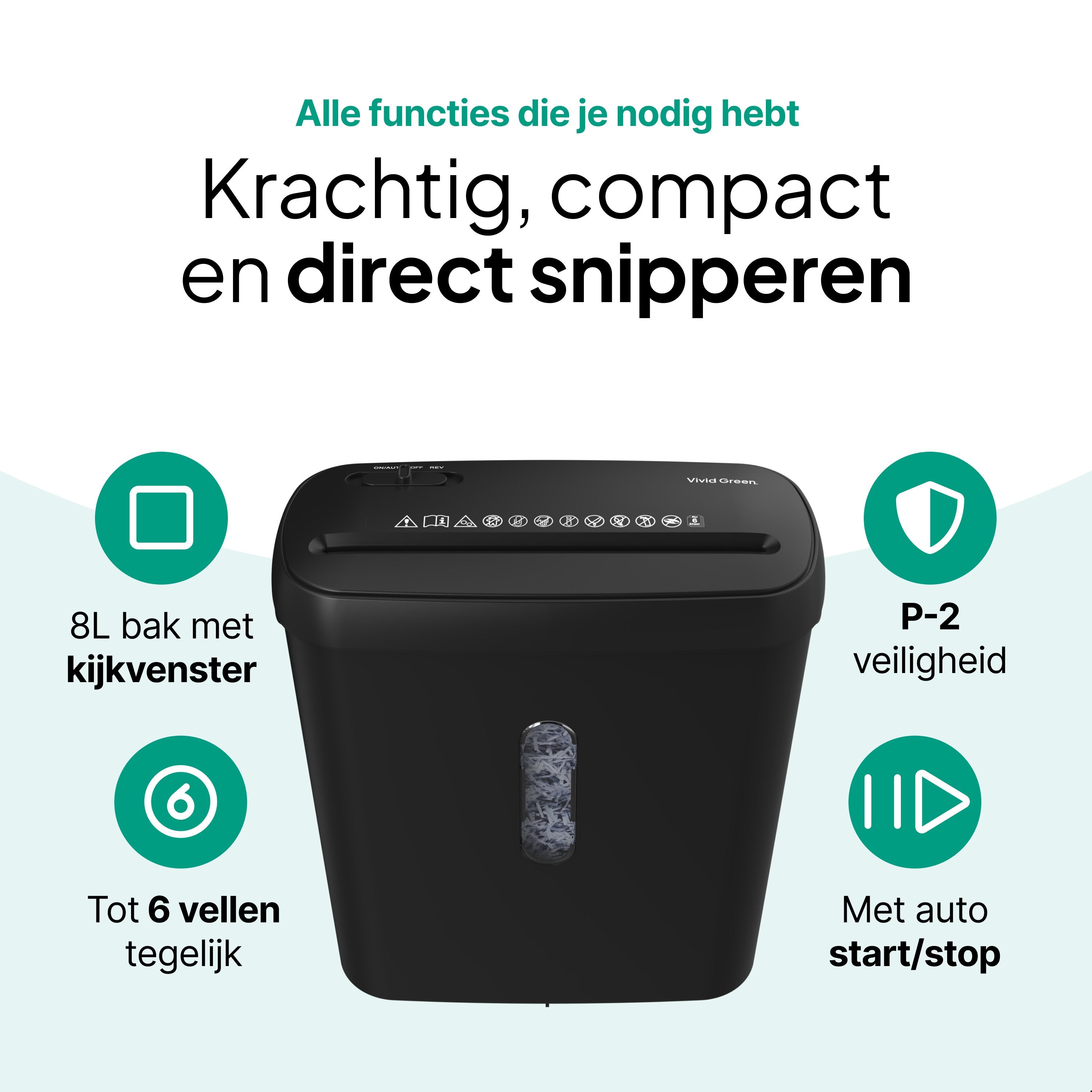 Papierversnipperaar Voor Thuis - Compacte Papiervernietiger 8 Liter - Vernietigt 6 Vel - Stroken P2 - Zwart - Vivid Green