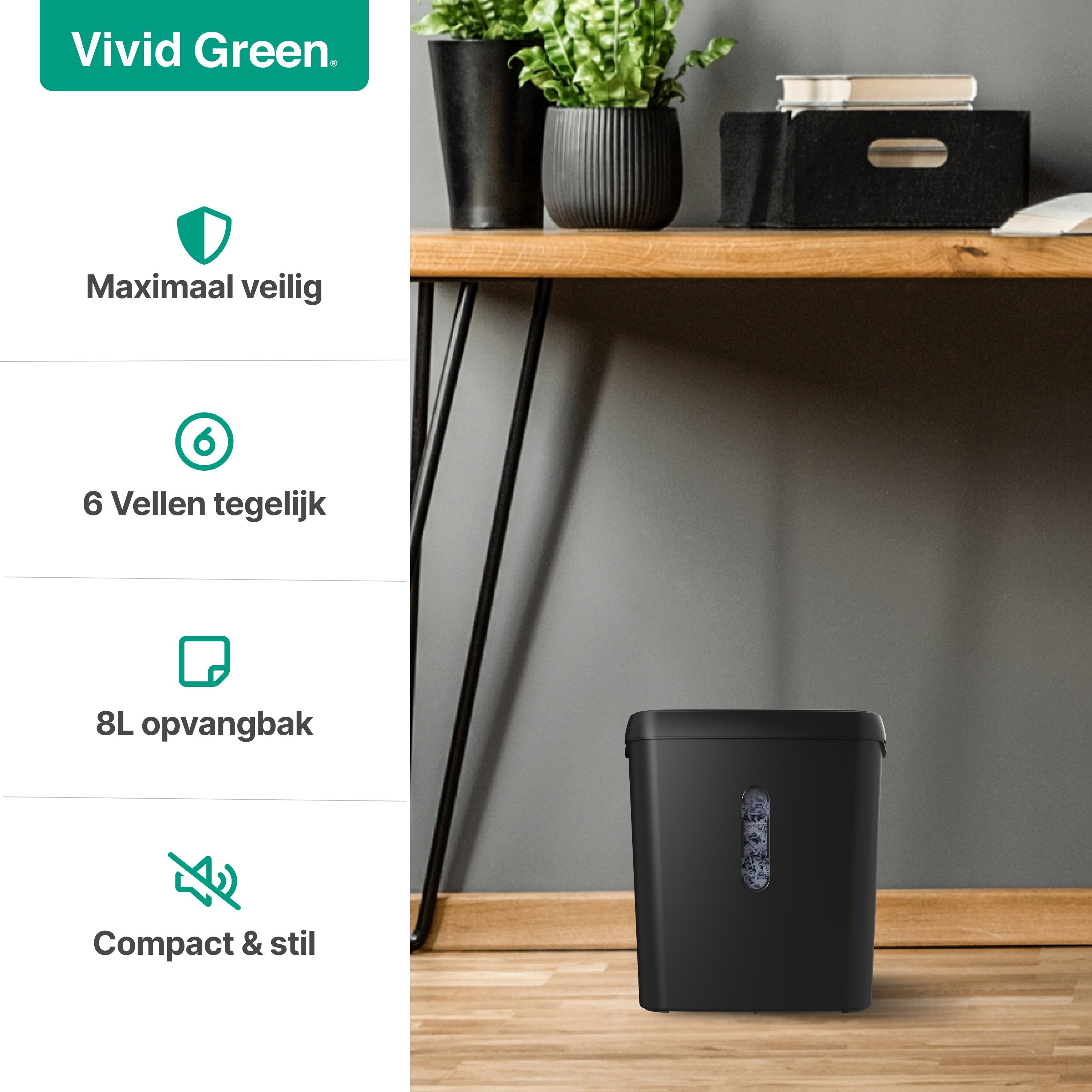Papierversnipperaar Voor Thuis - Compacte Papiervernietiger 8 Liter - Vernietigt 6 Vel - Stroken P2 - Zwart - Vivid Green