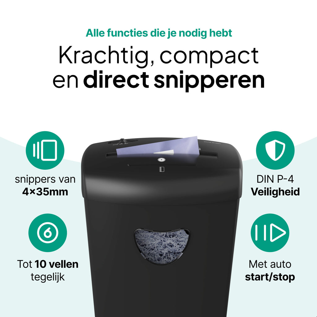 Papierversnipperaar P4 Cross Cut - Papiervernietiger Voor Thuis & Kantoor - 21 Liter - 10 Vellen - Vernietigt ook CD's & Pasjes - Zwart