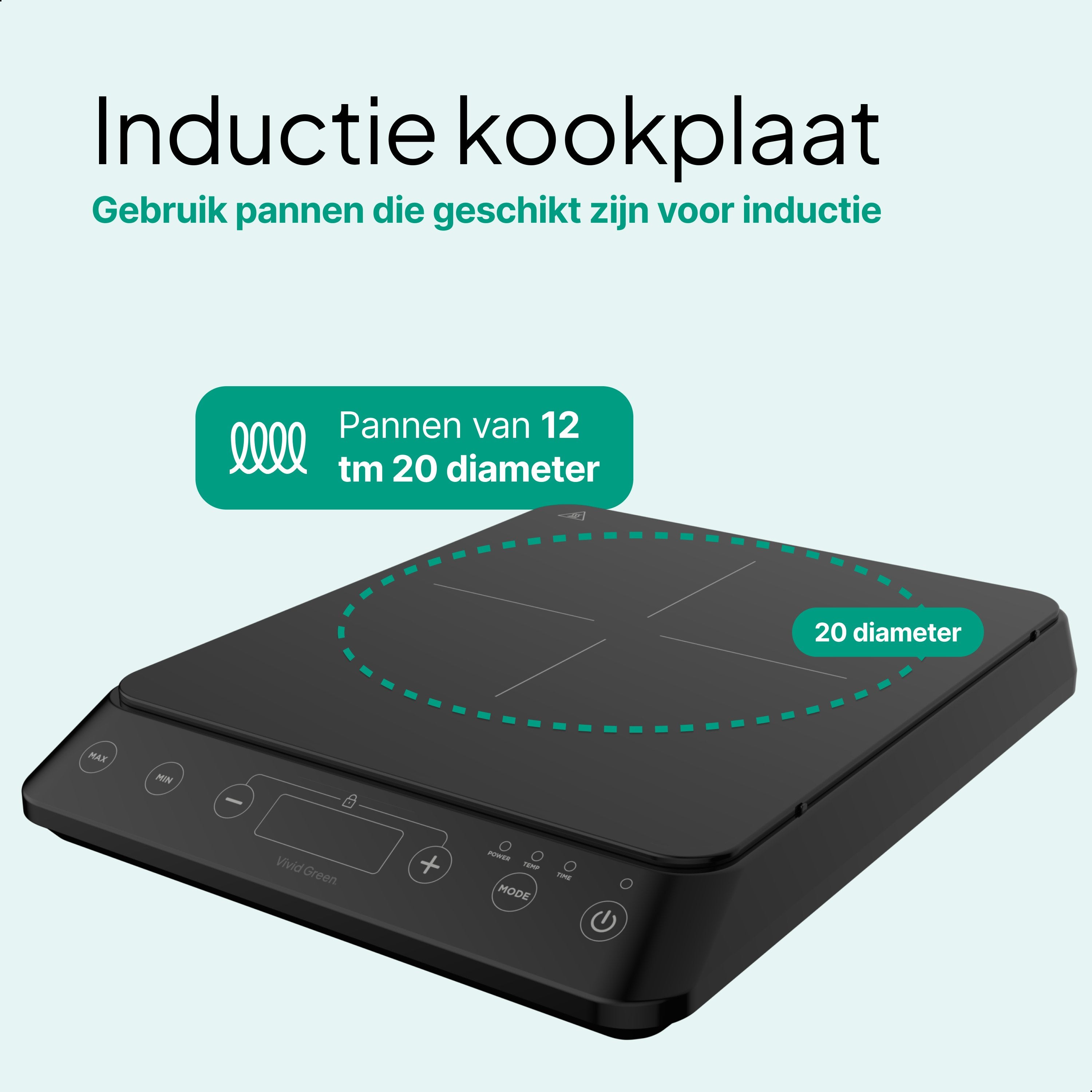 Inductie Kookplaat - Vrijstaand - 1 Pits - 2000 Watt - 10 standen - Zwart - Vivid Green