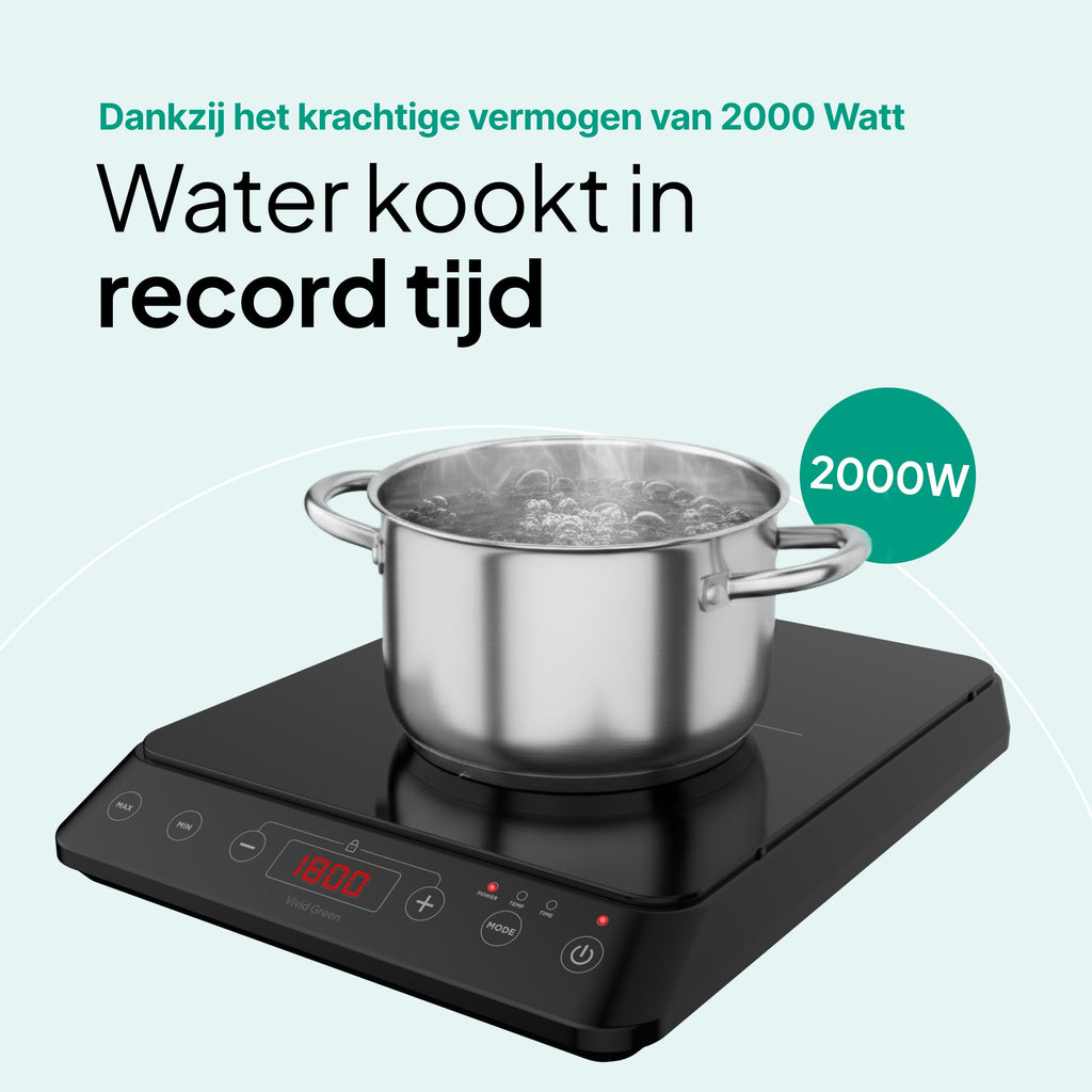 Inductie Kookplaat - Vrijstaand - 1 Pits - 2000 Watt - 10 standen - Zwart - Vivid Green
