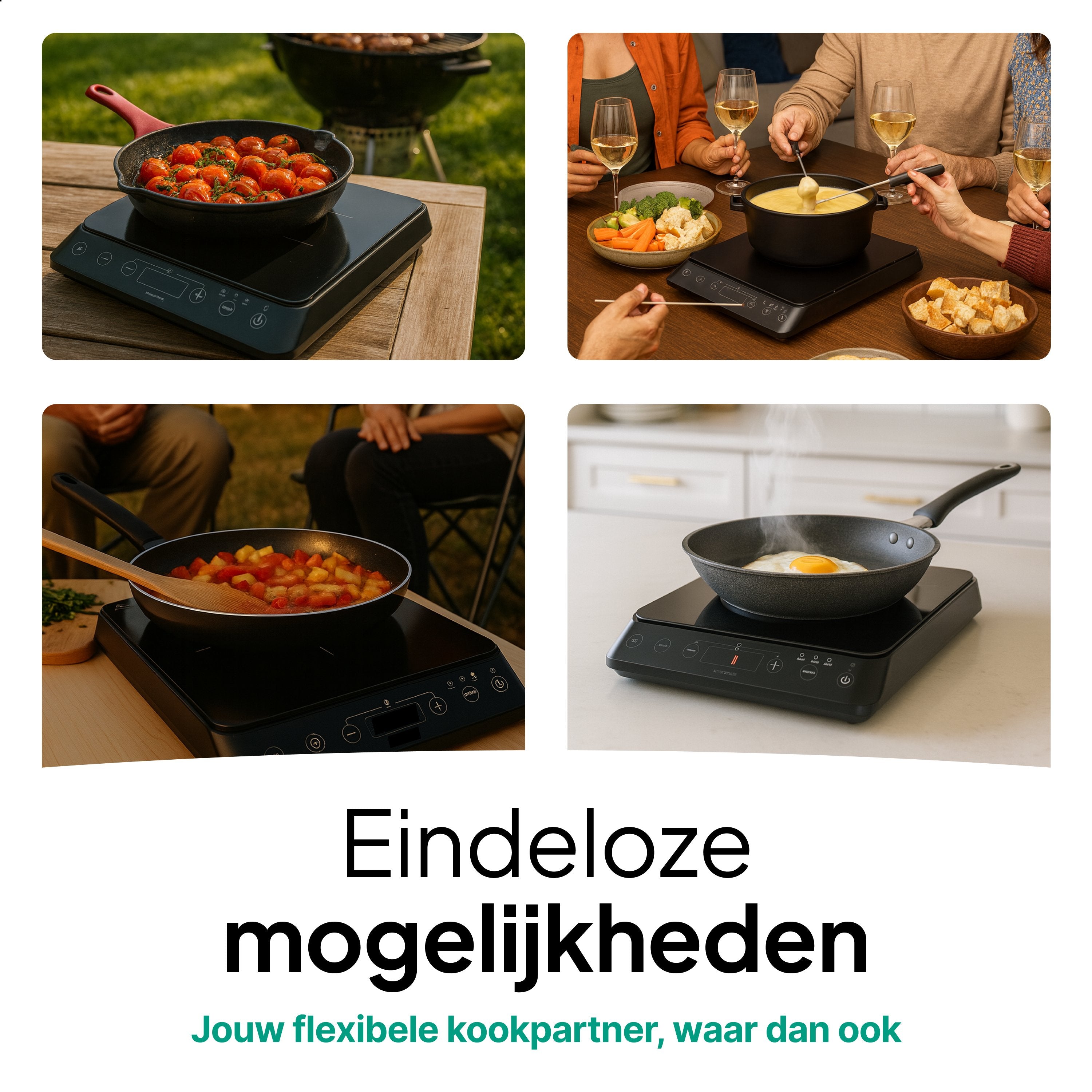 Inductie Kookplaat - Vrijstaand - 1 Pits - 2000 Watt - 10 standen - Zwart - Vivid Green