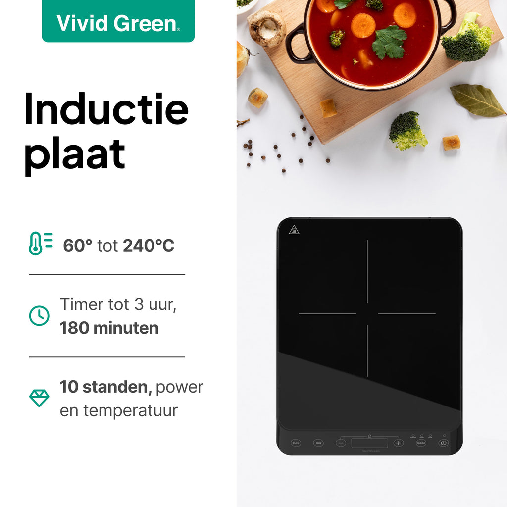 Inductie Kookplaat - Vrijstaand - 1 Pits - 2000 Watt - 10 standen - Zwart - Vivid Green
