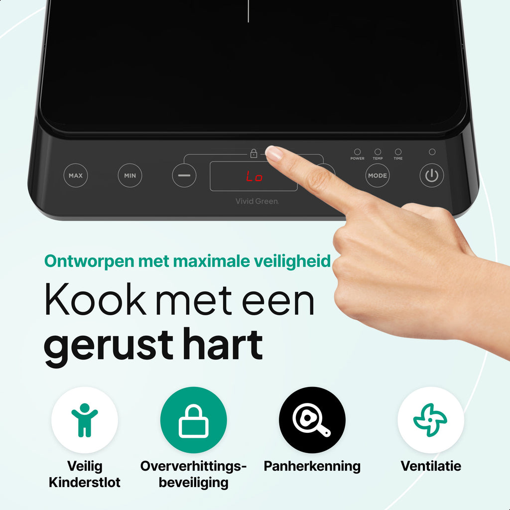 Inductie Kookplaat - Vrijstaand - 1 Pits - 2000 Watt - 10 standen - Zwart - Vivid Green