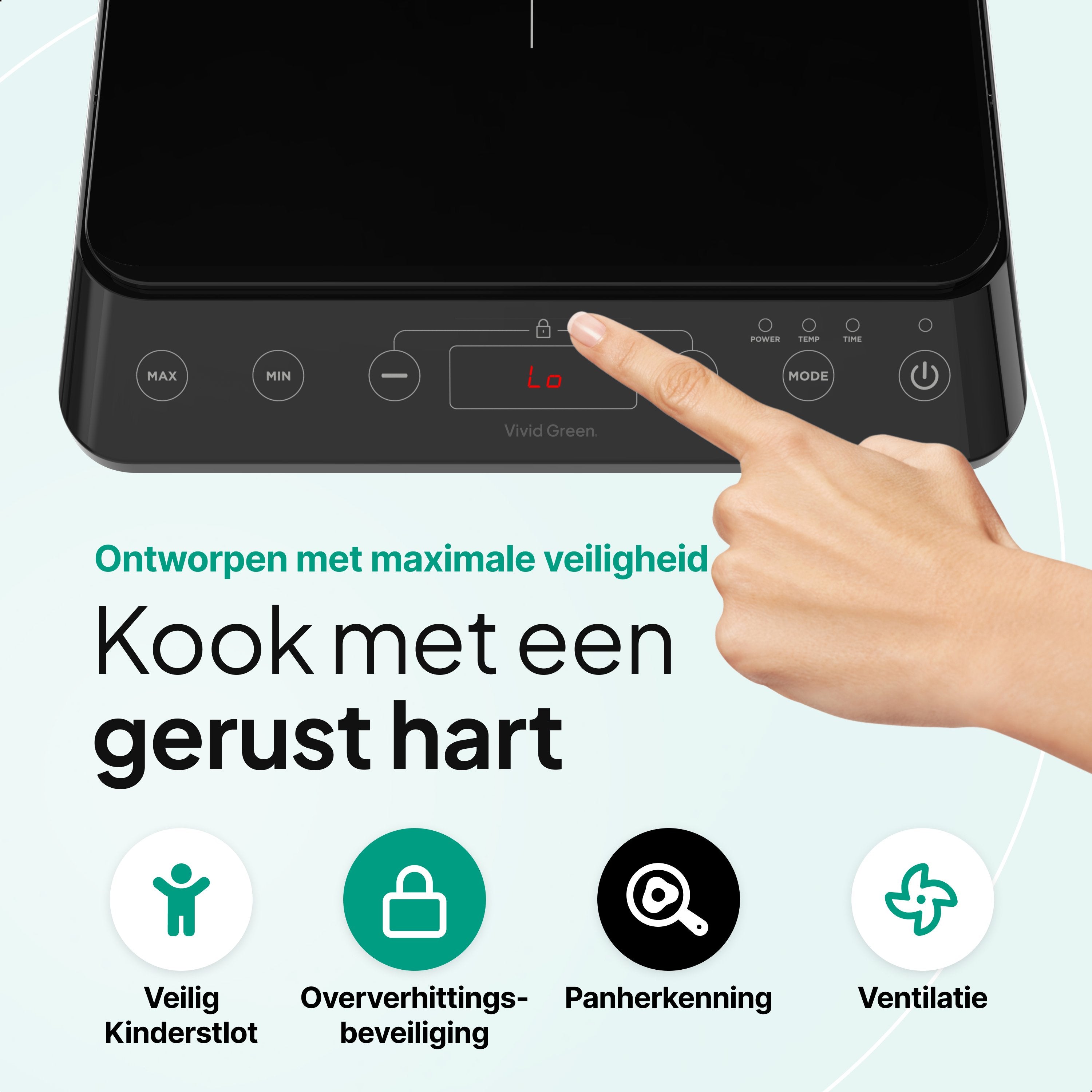 Inductie Kookplaat - Vrijstaand - 1 Pits - 2000 Watt - 10 standen - Zwart - Vivid Green