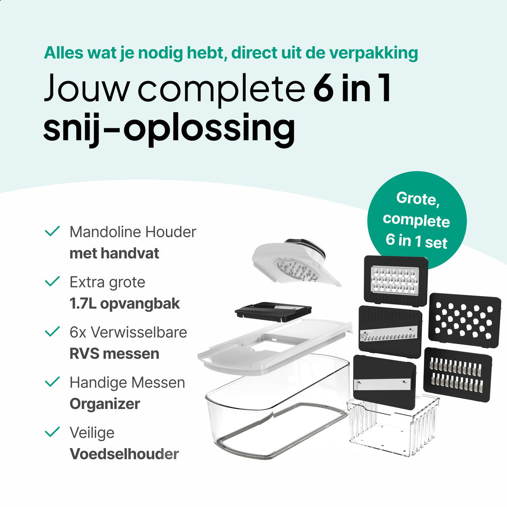 Mandoline Keukensnijder & Groentesnijder - Multifunctioneel 6-in-1 - Met Opvangbak 1,7L - RVS Messen & Veiligheidshouder - Wit - Vivid Green