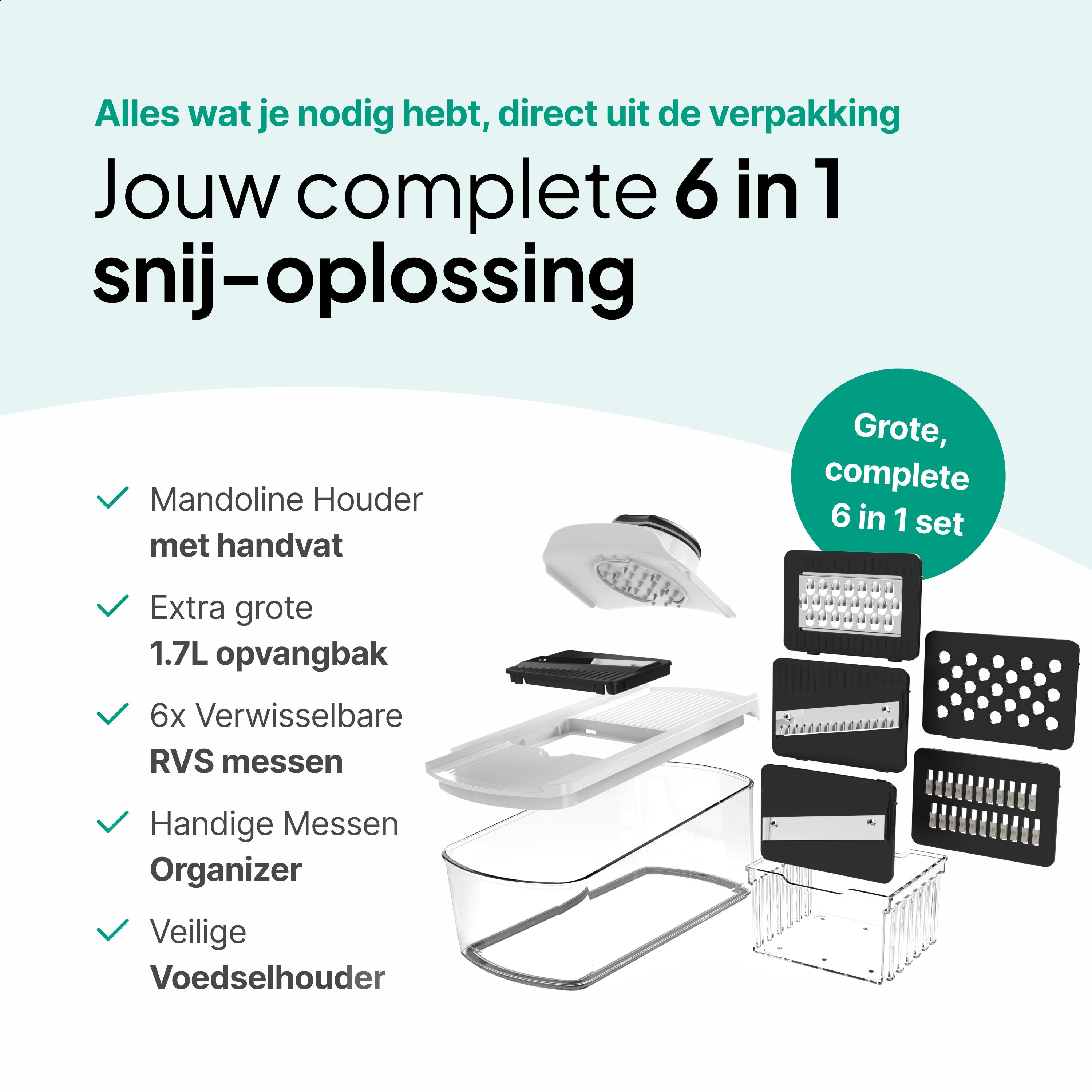 Mandoline Keukensnijder & Groentesnijder - Multifunctioneel 6-in-1 - Met Opvangbak 1,7L - RVS Messen & Veiligheidshouder - Wit - Vivid Green