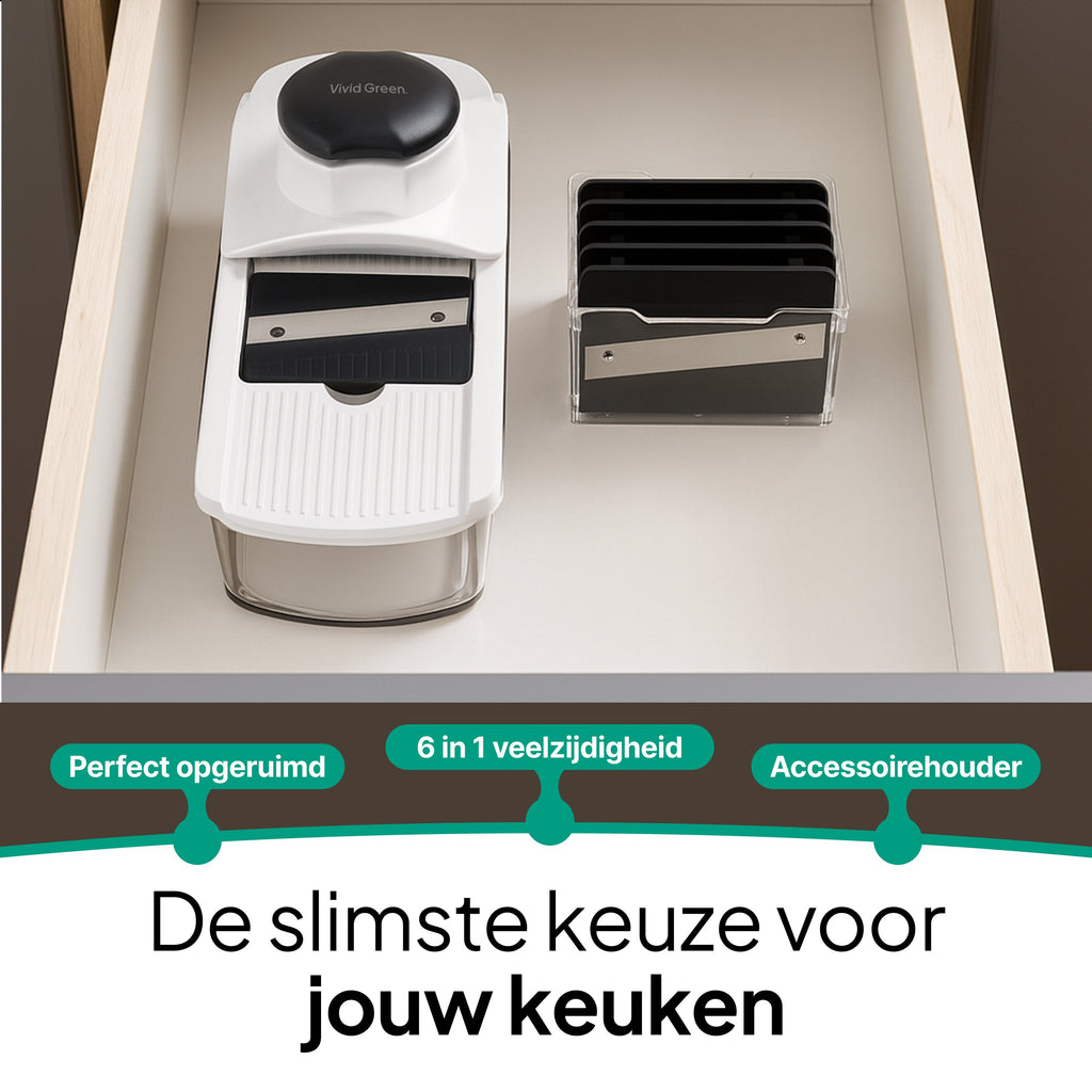 Mandoline Keukensnijder & Groentesnijder - Multifunctioneel 6-in-1 - Met Opvangbak 1,7L - RVS Messen & Veiligheidshouder - Wit - Vivid Green
