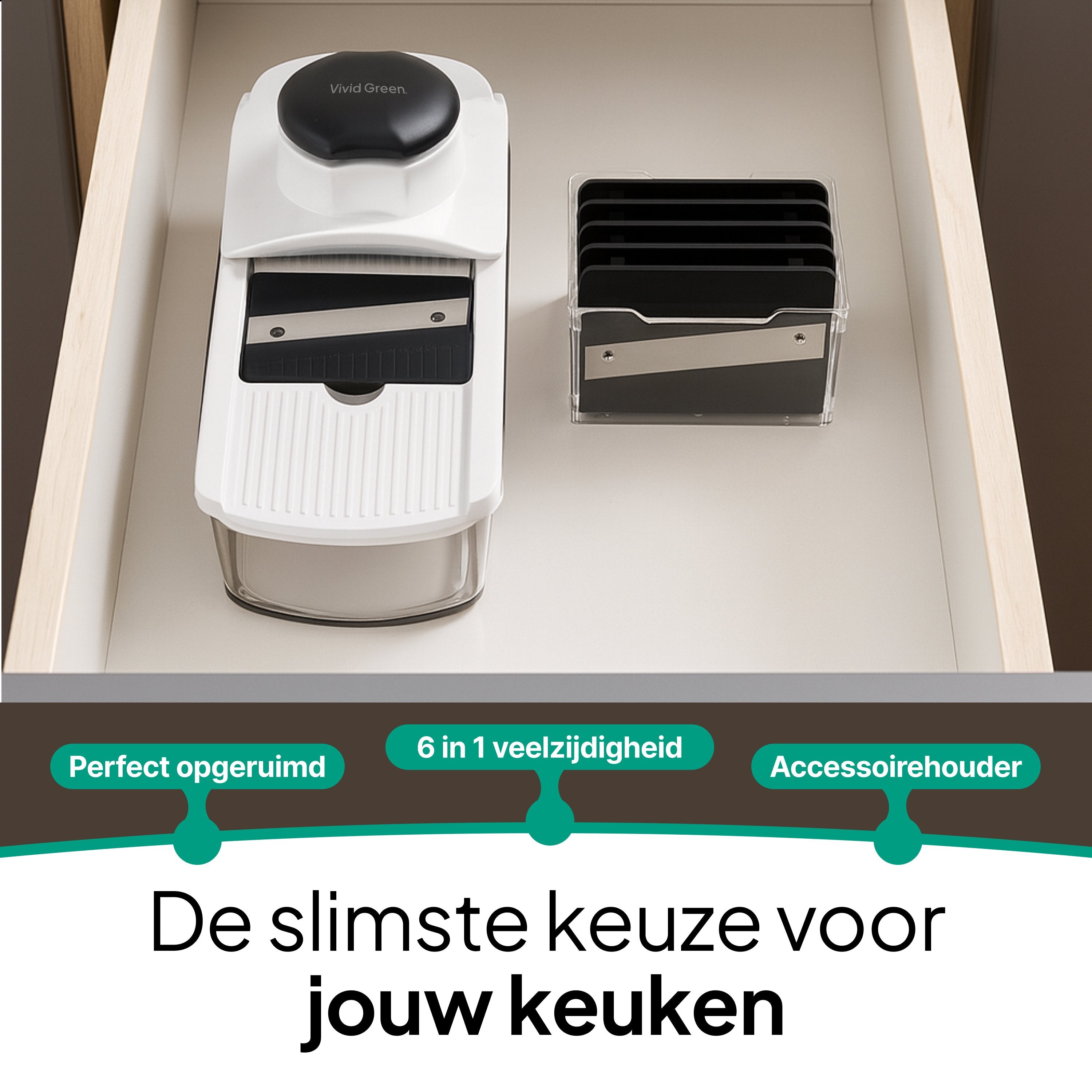 Mandoline Keukensnijder & Groentesnijder - Multifunctioneel 6-in-1 - Met Opvangbak 1,7L - RVS Messen & Veiligheidshouder - Wit - Vivid Green