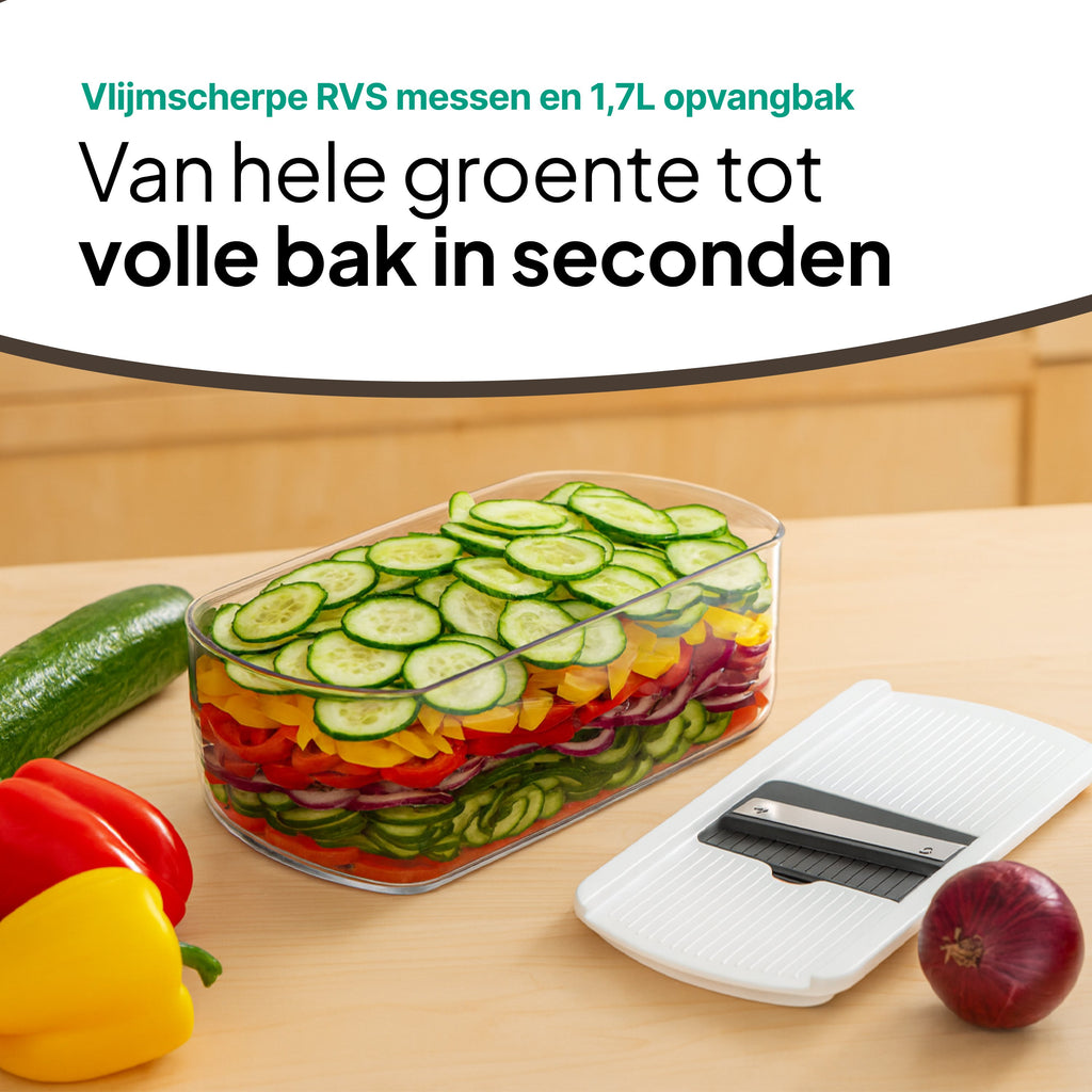 Mandoline Keukensnijder & Groentesnijder - Multifunctioneel 6-in-1 - Met Opvangbak 1,7L - RVS Messen & Veiligheidshouder - Wit - Vivid Green