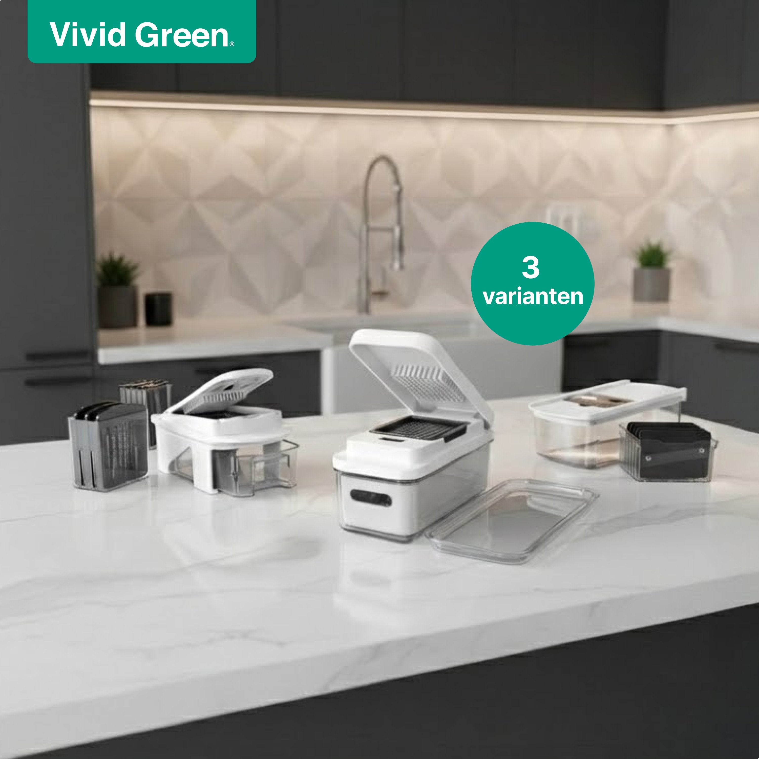 Mandoline Keukensnijder & Groentesnijder - Multifunctioneel 6-in-1 - Met Opvangbak 1,7L - RVS Messen & Veiligheidshouder - Wit - Vivid Green