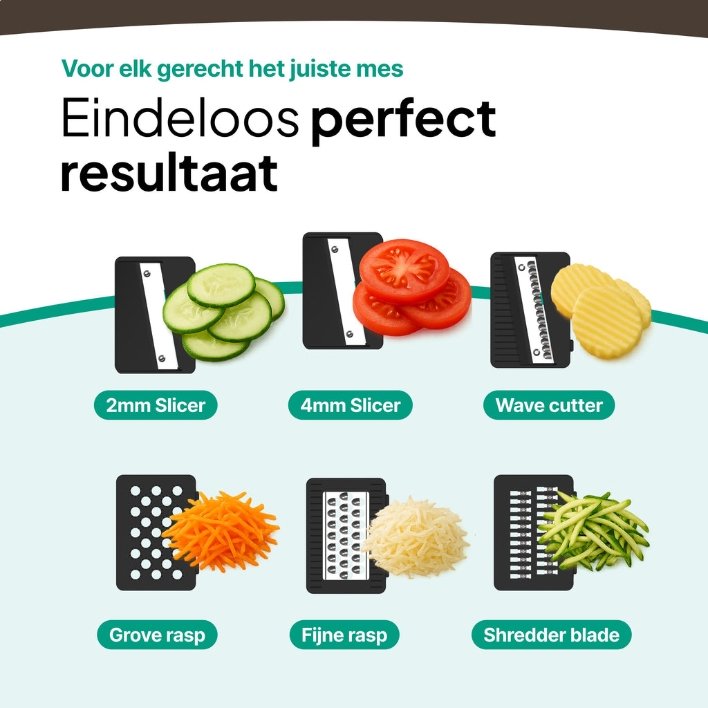 Mandoline Keukensnijder & Groentesnijder - Multifunctioneel 6-in-1 - Met Opvangbak 1,7L - RVS Messen & Veiligheidshouder - Wit - Vivid Green
