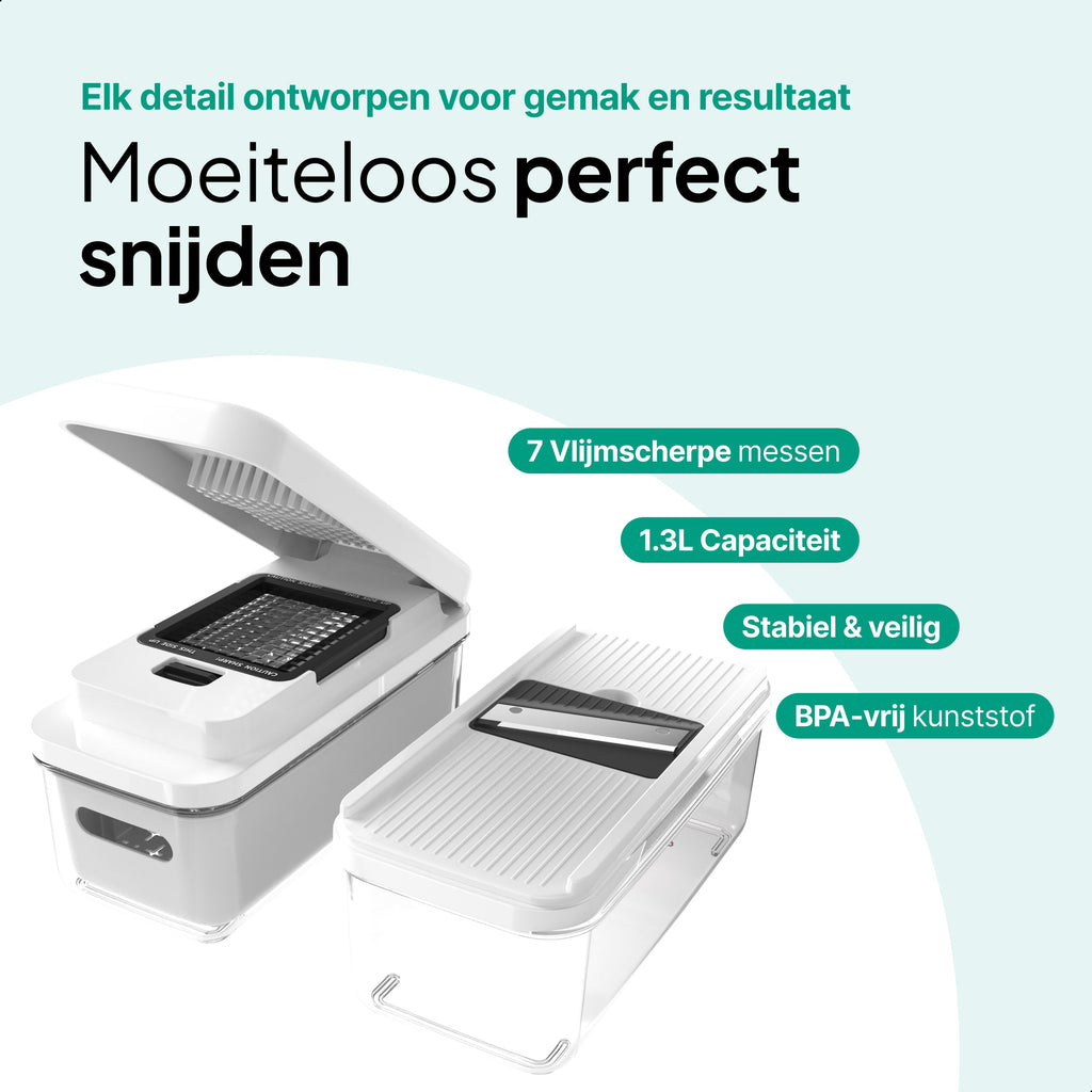 Groentesnijder Multifunctioneel & Mandoline Keukensnijder - 13-delig - Uienhakker Met Opvangbak 1,3L - Inclusief Bewaardeksel - Wit - Vivid Green
