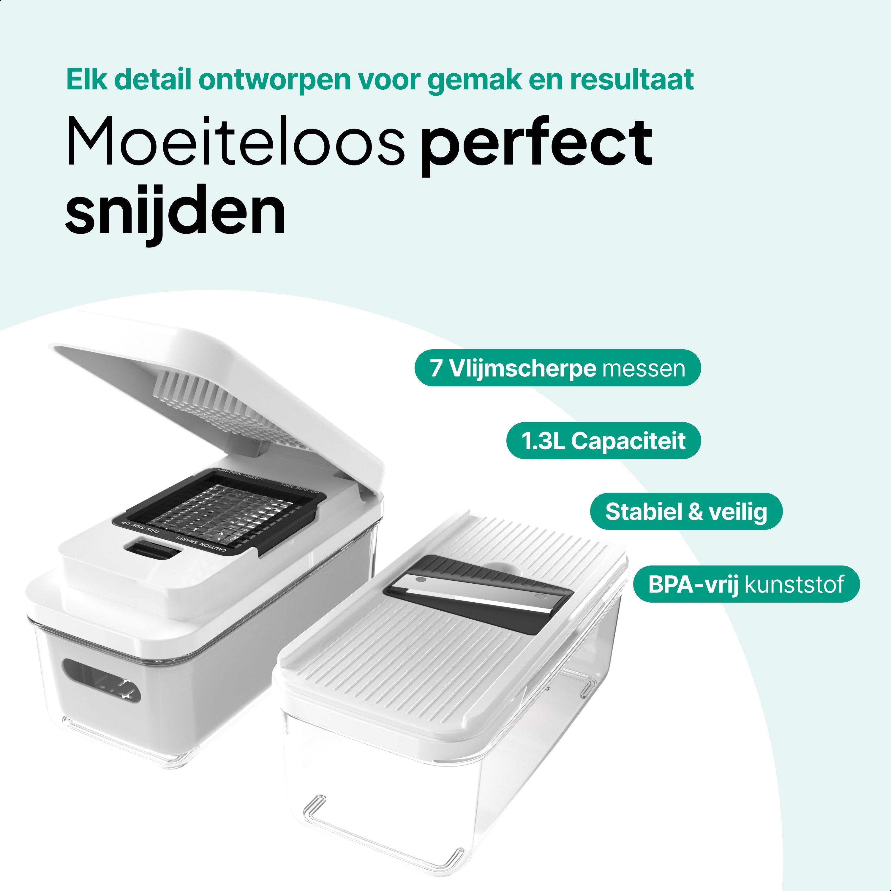 Groentesnijder Multifunctioneel & Mandoline Keukensnijder - 13-delig - Uienhakker Met Opvangbak 1,3L - Inclusief Bewaardeksel - Wit - Vivid Green