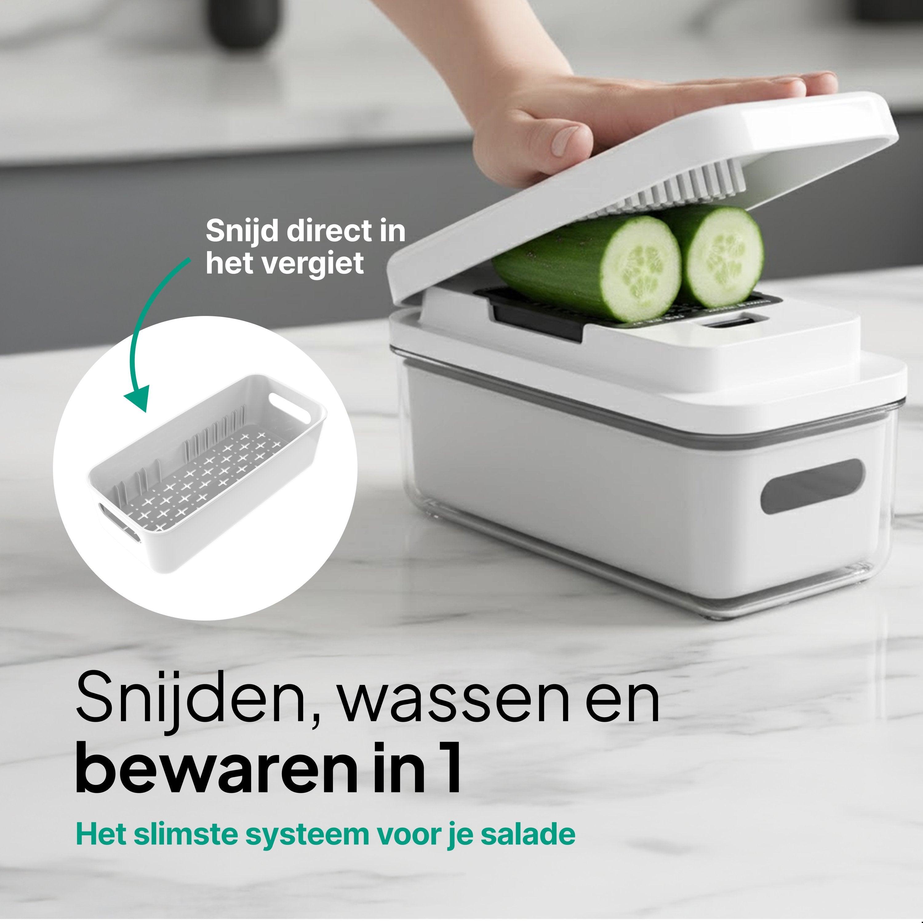 Groentesnijder Multifunctioneel & Mandoline Keukensnijder - 13-delig - Uienhakker Met Opvangbak 1,3L - Inclusief Bewaardeksel - Wit - Vivid Green