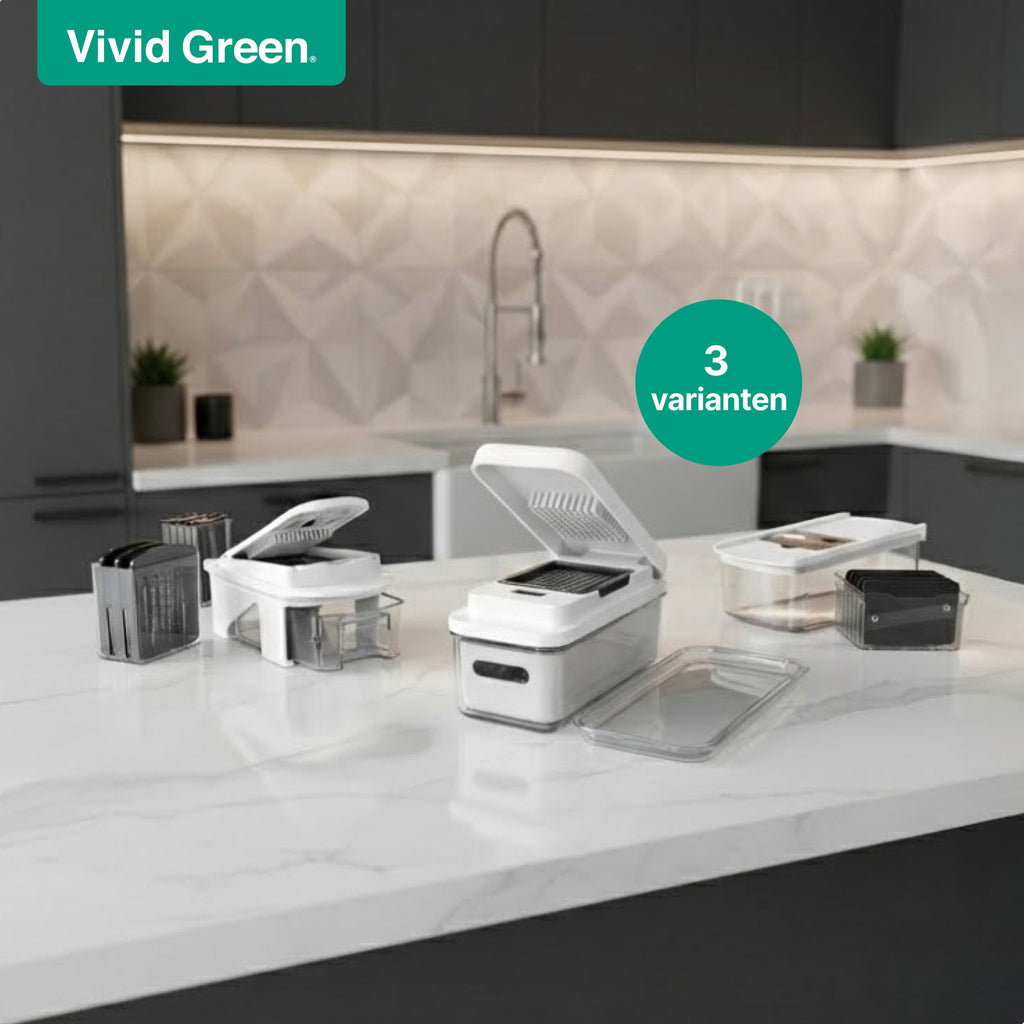 Groentesnijder Multifunctioneel & Mandoline Keukensnijder - 13-delig - Uienhakker Met Opvangbak 1,3L - Inclusief Bewaardeksel - Wit - Vivid Green