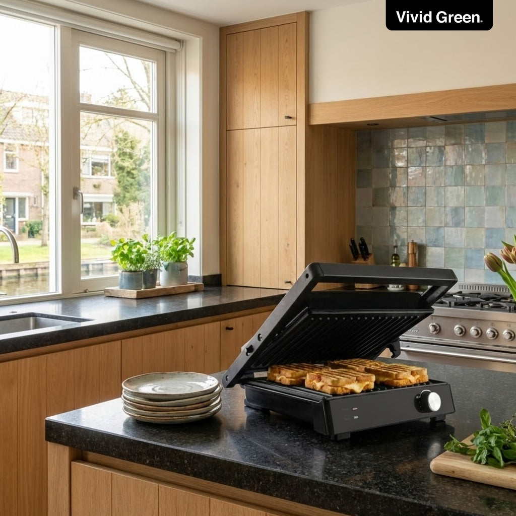 Vivid Green Tosti Apparaat Contactgrill XXL - 2000W Tosti Ijzer & Panini Grill - Voor 4 Tosti's - 180 Graden Openklapbaar - Zwart - Vivid Green