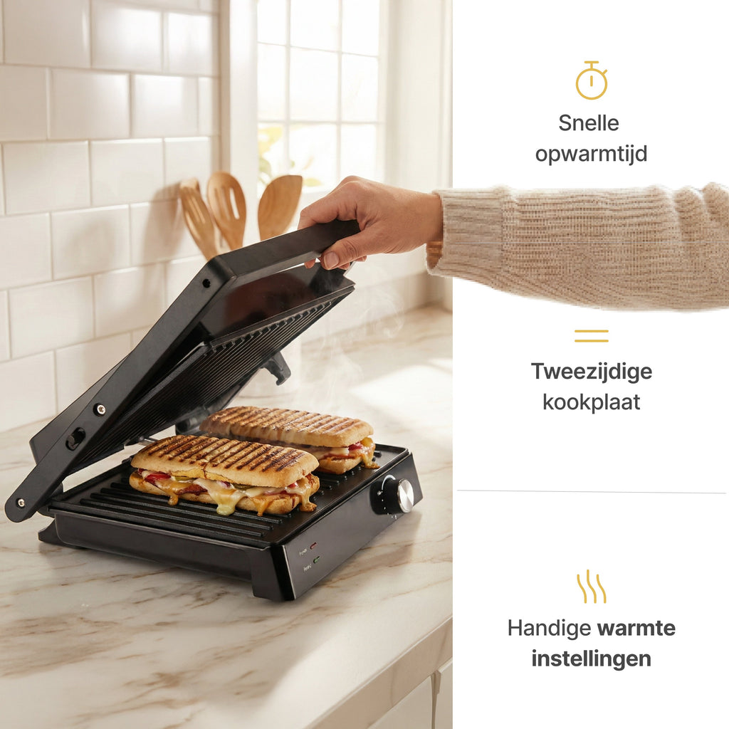 Vivid Green Tosti Apparaat Contactgrill XXL - 2000W Tosti Ijzer & Panini Grill - Voor 4 Tosti's - 180 Graden Openklapbaar - Zwart - Vivid Green