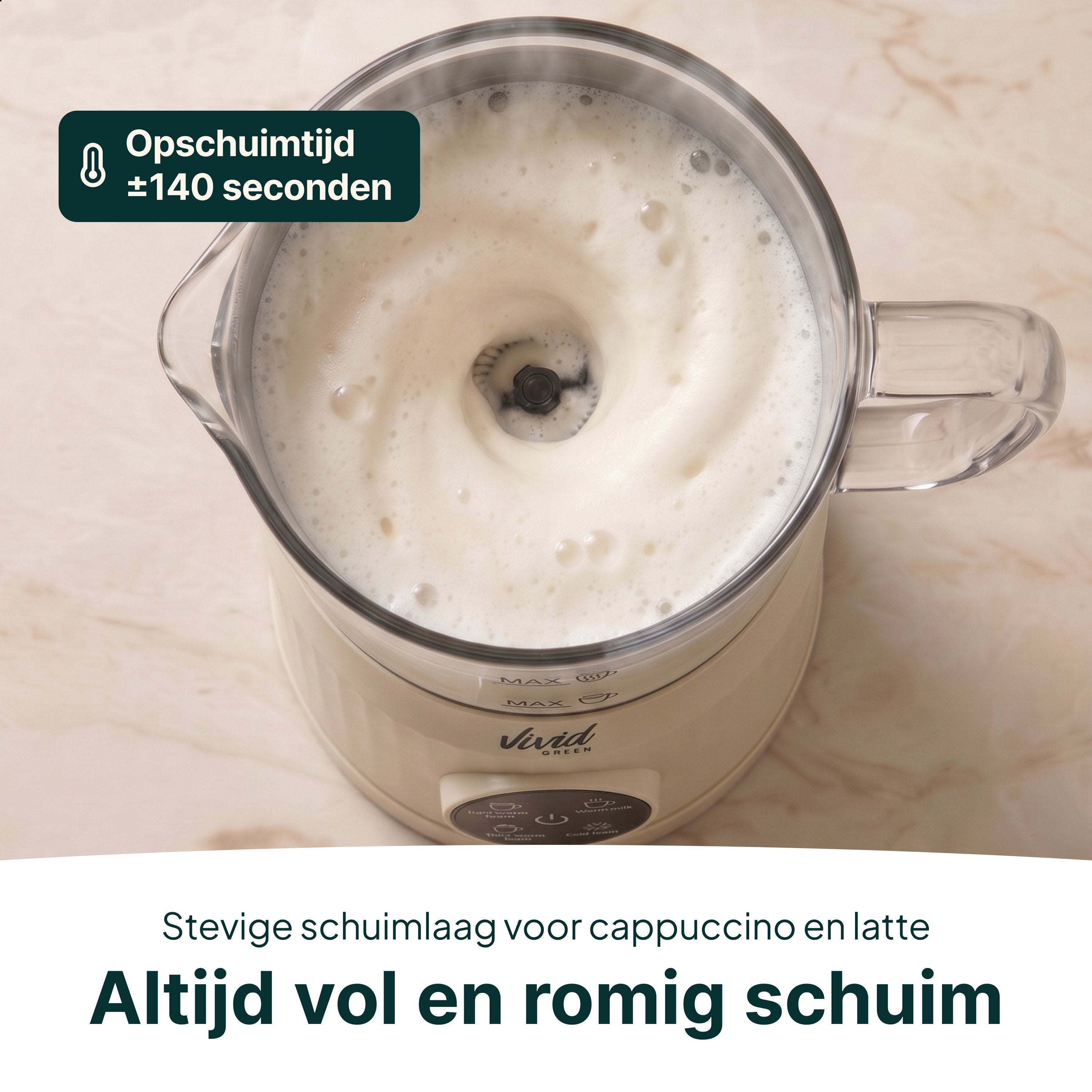 Vivid Green Melkopschuimer Glas - PFAS-vrij - 4-in-1 Melkschuimer - Elektrische Melkklopper - Creme