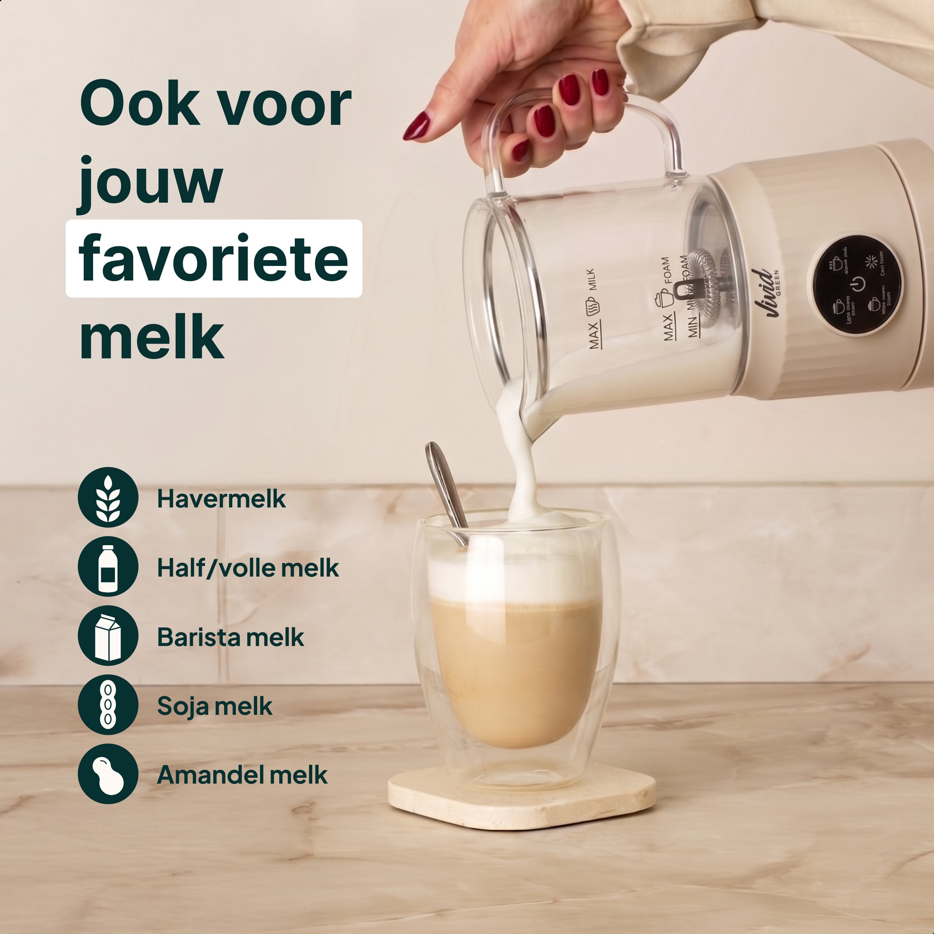 Vivid Green Melkopschuimer Glas - PFAS-vrij - 4-in-1 Melkschuimer - Elektrische Melkklopper - Creme