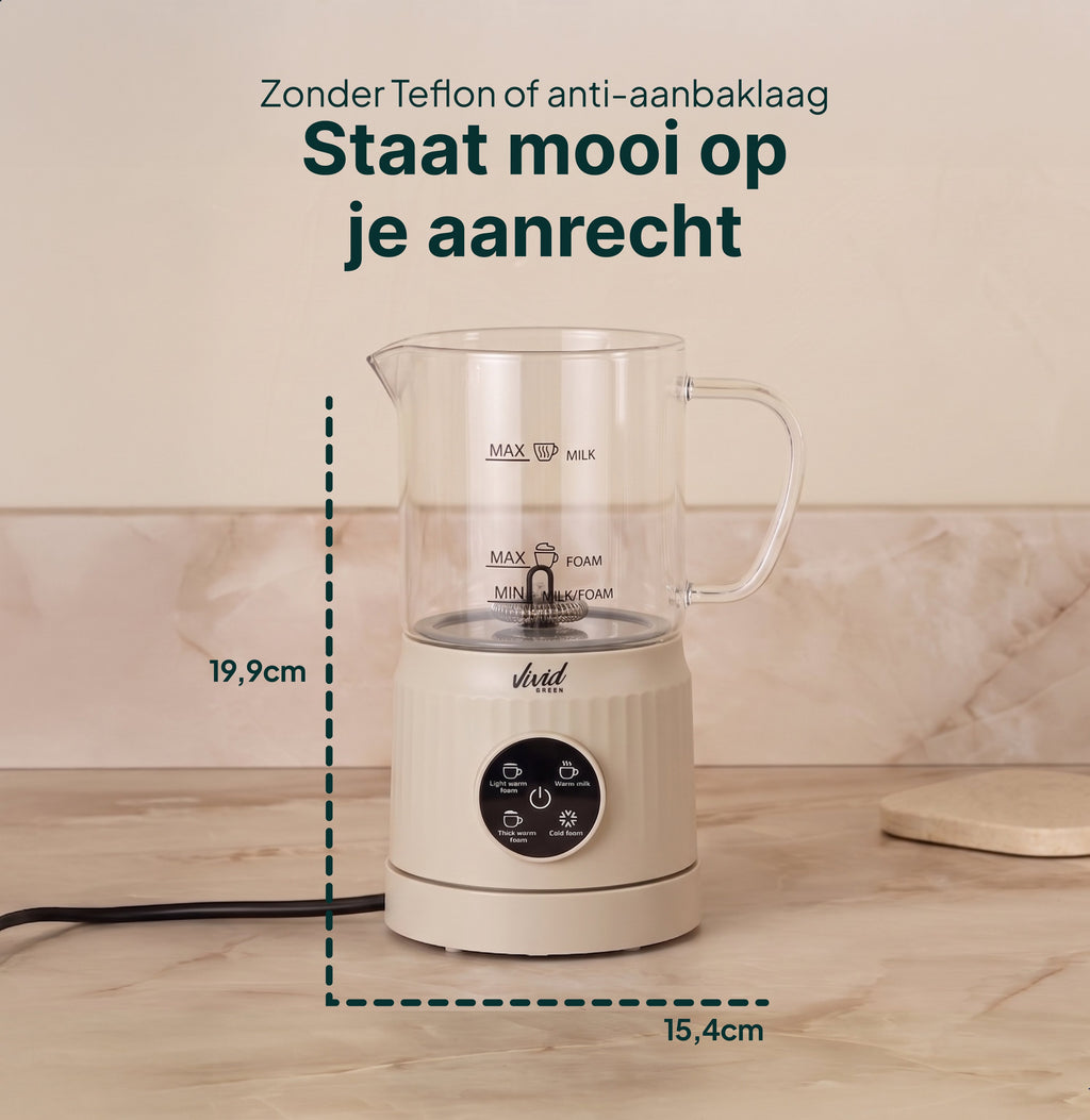 Vivid Green Melkopschuimer Glas - PFAS-vrij - 4-in-1 Melkschuimer - Elektrische Melkklopper - Creme
