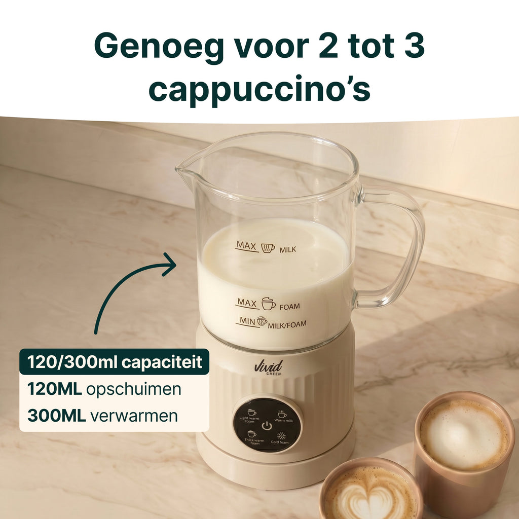 Vivid Green Melkopschuimer Glas - PFAS-vrij - 4-in-1 Melkschuimer - Elektrische Melkklopper - Creme