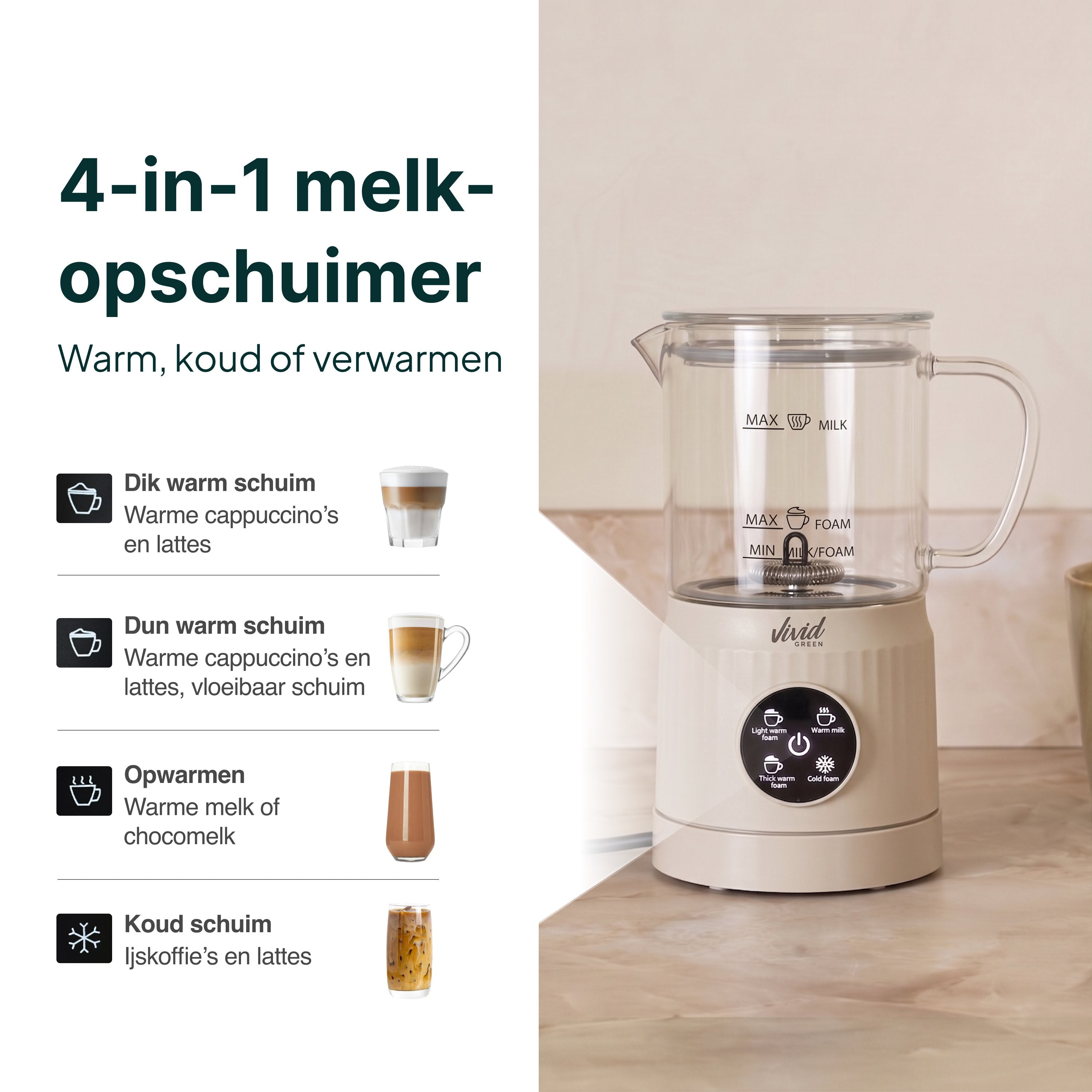 Vivid Green Melkopschuimer Glas - PFAS-vrij - 4-in-1 Melkschuimer - Elektrische Melkklopper - Creme