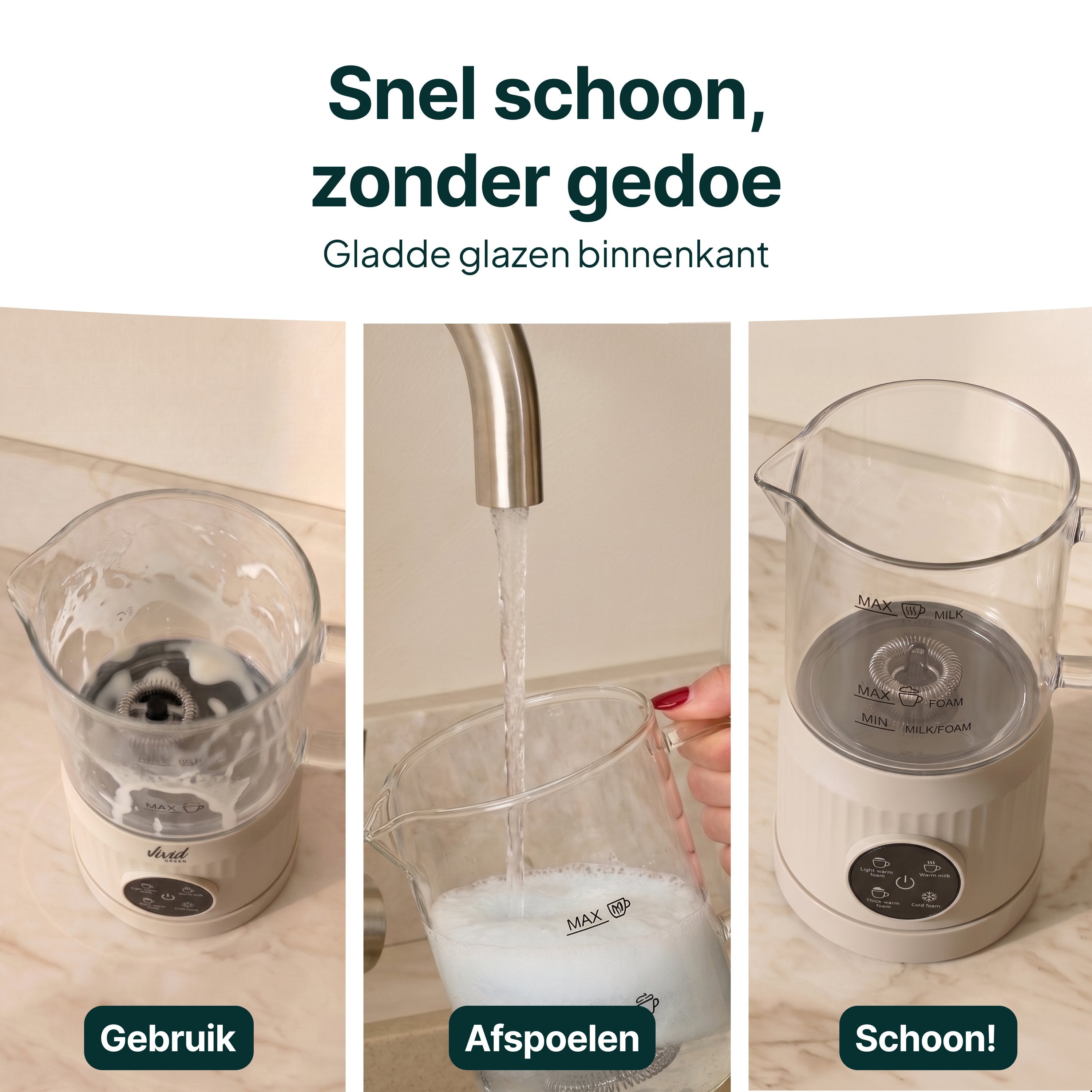Vivid Green Melkopschuimer Glas - PFAS-vrij - 4-in-1 Melkschuimer - Elektrische Melkklopper - Creme