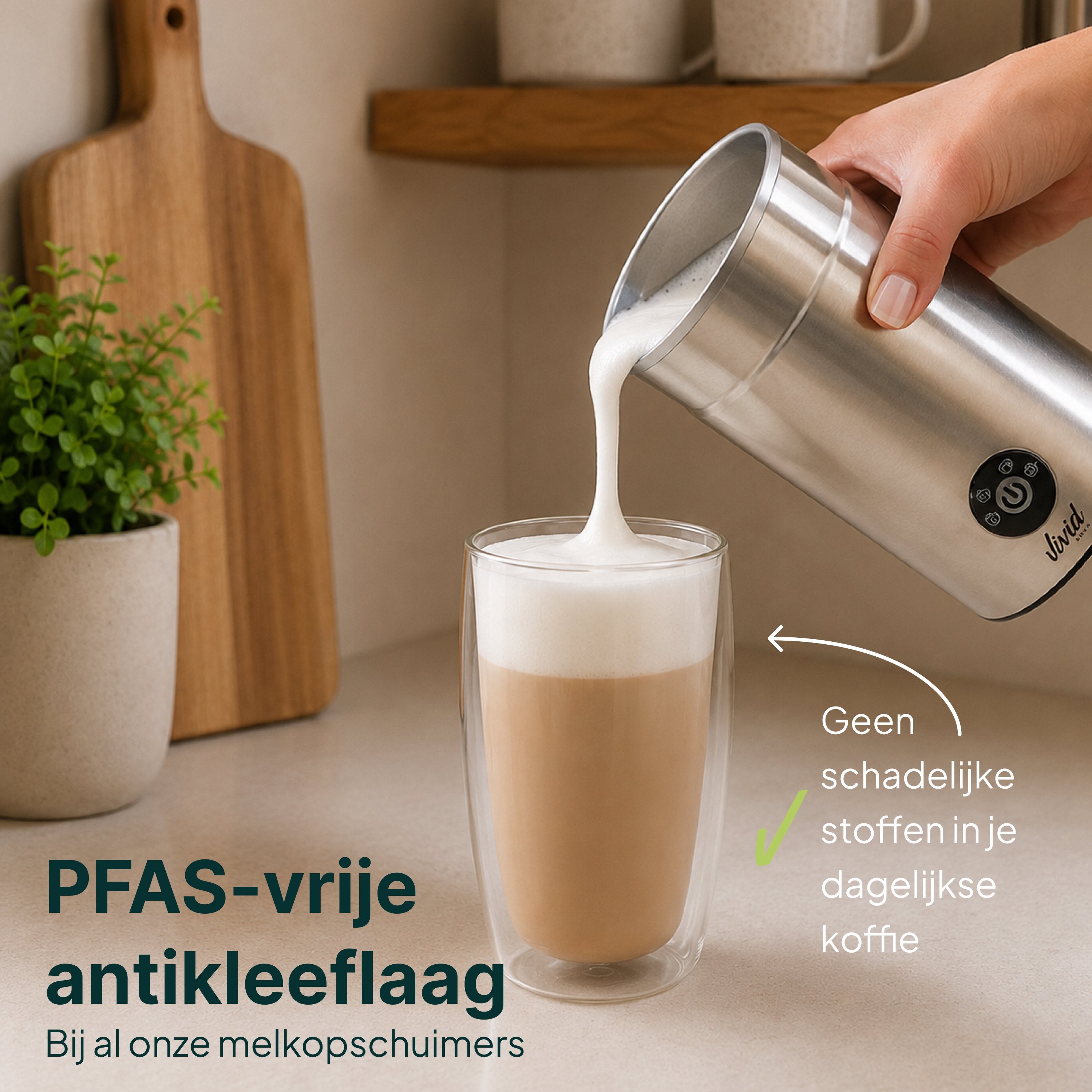 Vivid Green Melkopschuimer - PFAS-vrij - 4-in-1 Melkschuimer - Elektrische Melkklopper - Zilver
