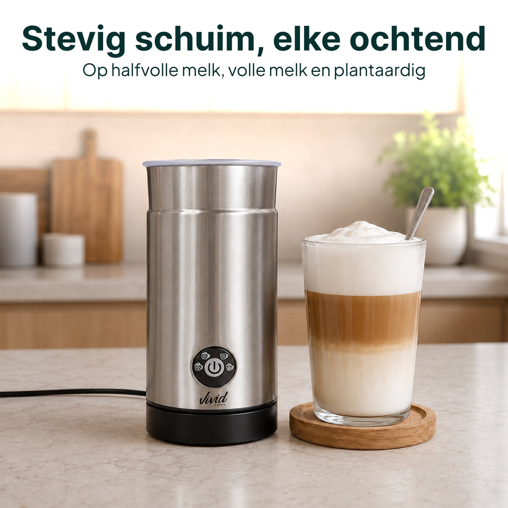 Vivid Green Melkopschuimer - PFAS-vrij - 4-in-1 Melkschuimer - Elektrische Melkklopper - Zilver