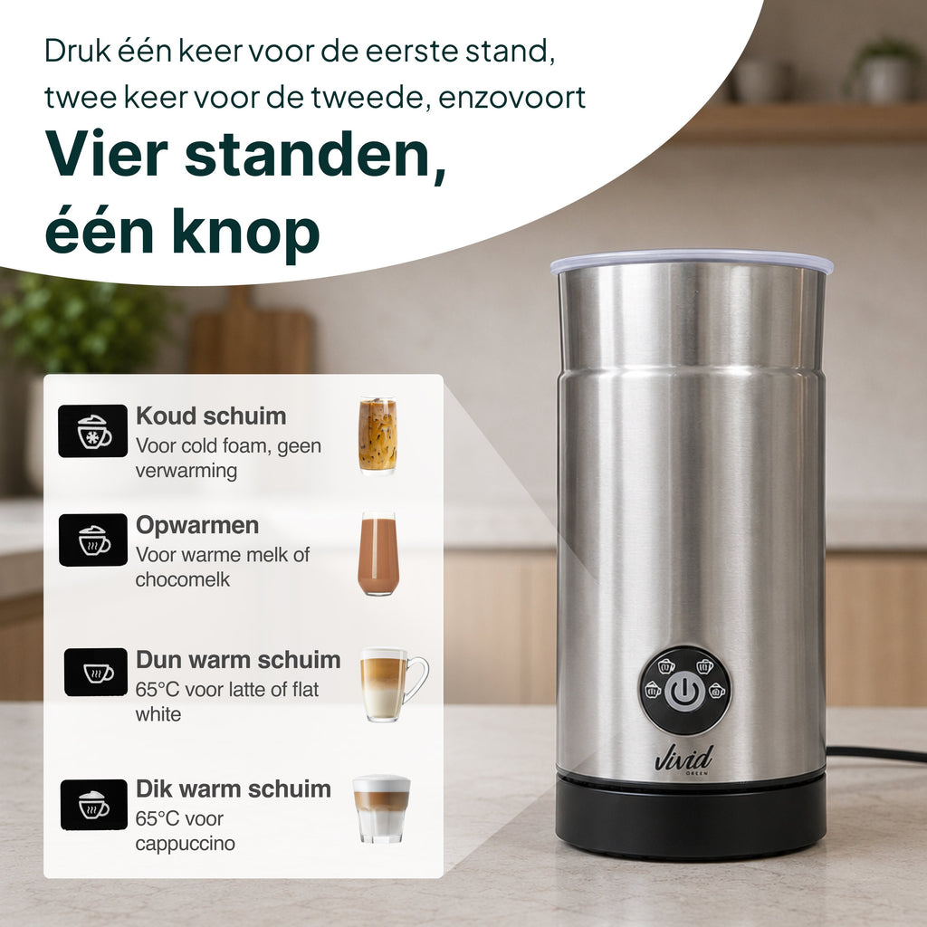 Vivid Green Melkopschuimer - PFAS-vrij - 4-in-1 Melkschuimer - Elektrische Melkklopper - Zilver