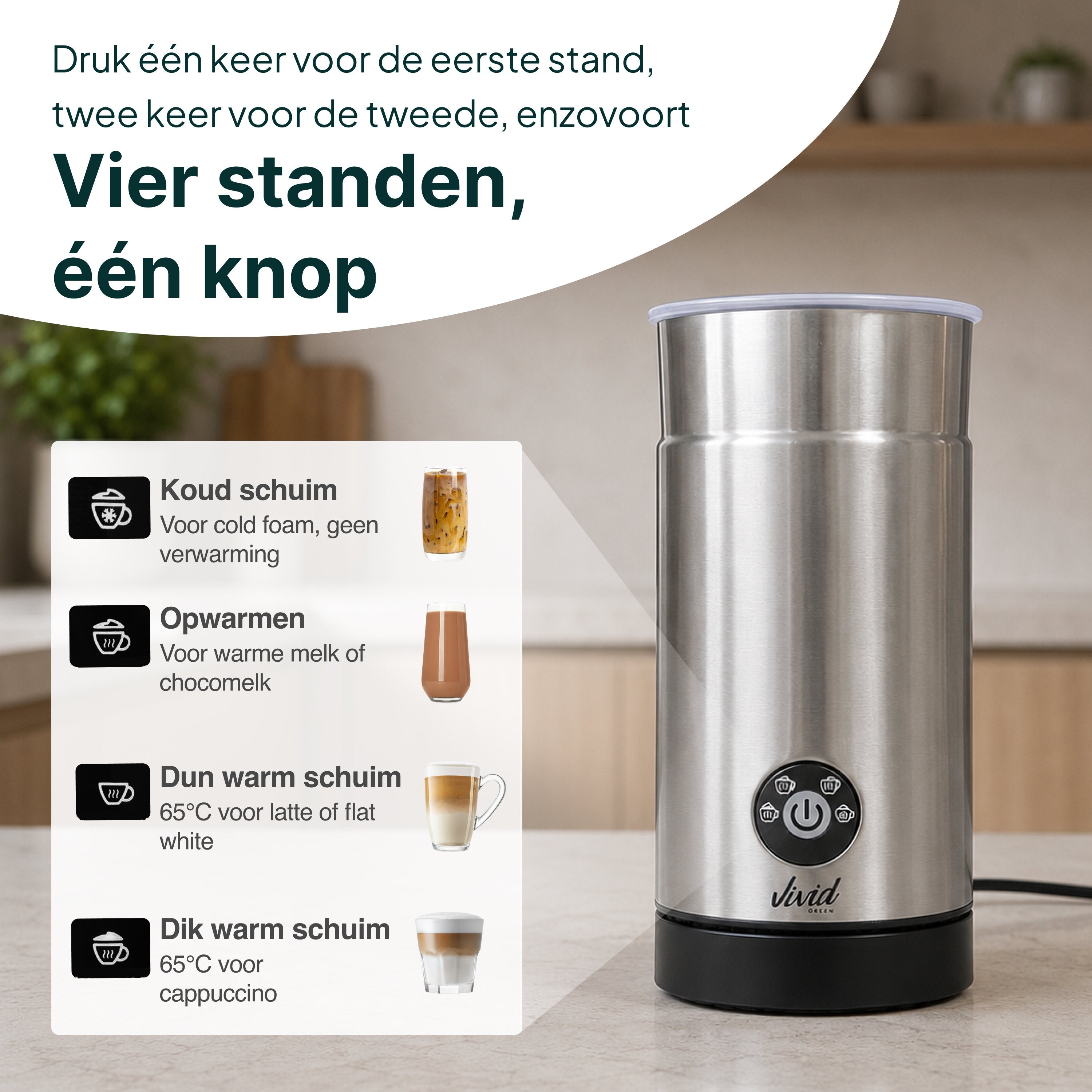 Vivid Green Melkopschuimer - PFAS-vrij - 4-in-1 Melkschuimer - Elektrische Melkklopper - Zilver