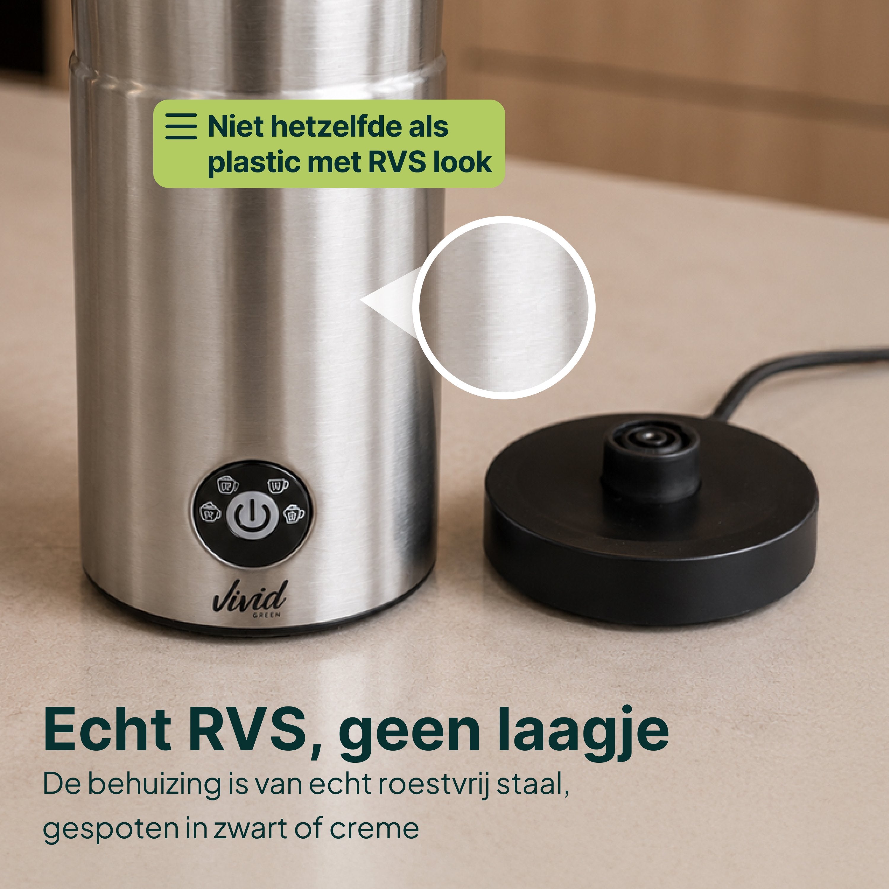 Vivid Green Melkopschuimer - PFAS-vrij - 4-in-1 Melkschuimer - Elektrische Melkklopper - Zilver