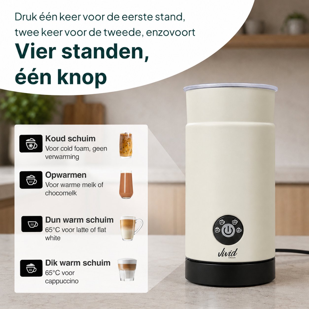 Vivid Green Melkopschuimer - PFAS-vrij - 4-in-1 Melkschuimer - Elektrische Melkklopper - Creme