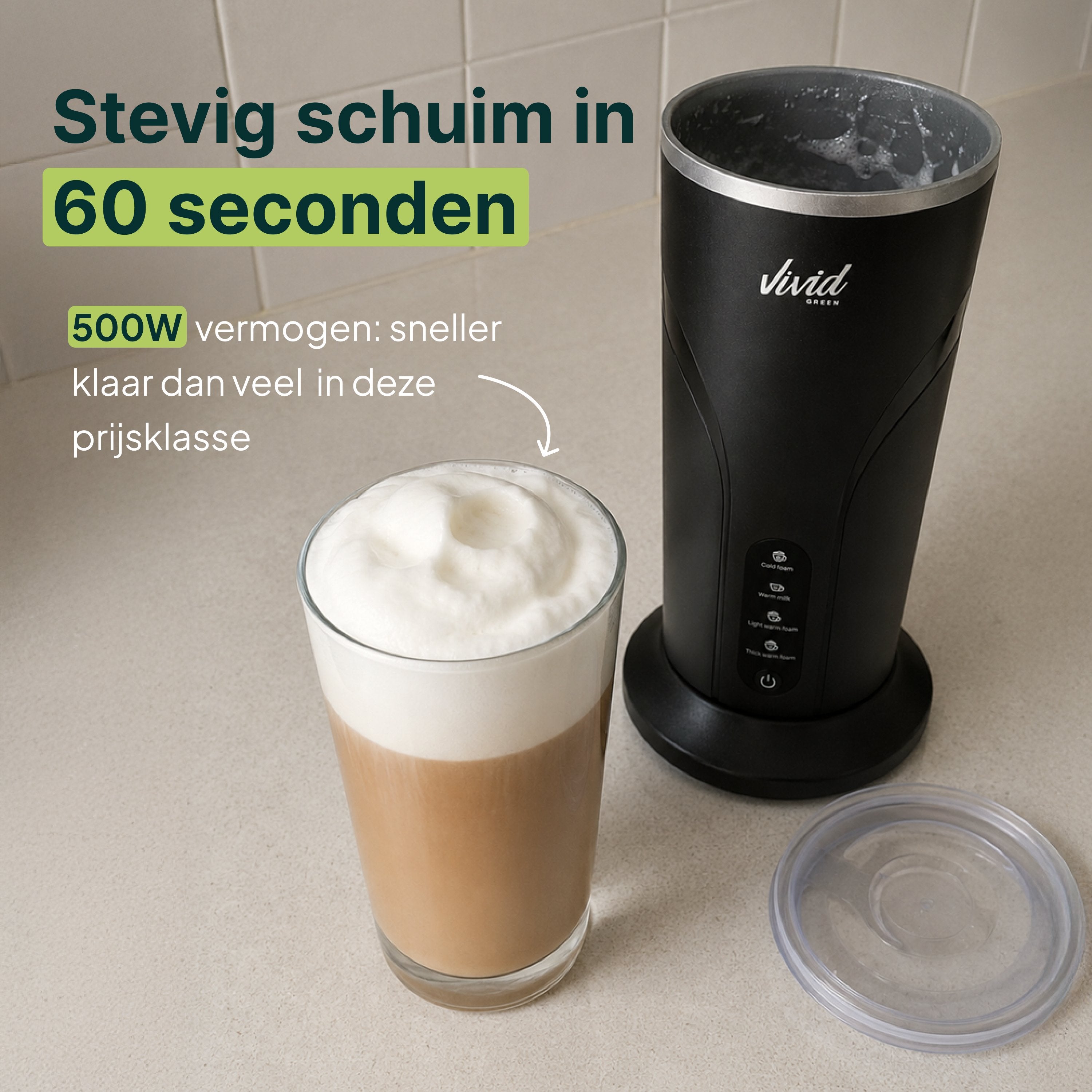 Vivid Green Melkopschuimer - PFAS-vrij - 4-in-1 Melkschuimer - Elektrische Melkklopper - Zwart
