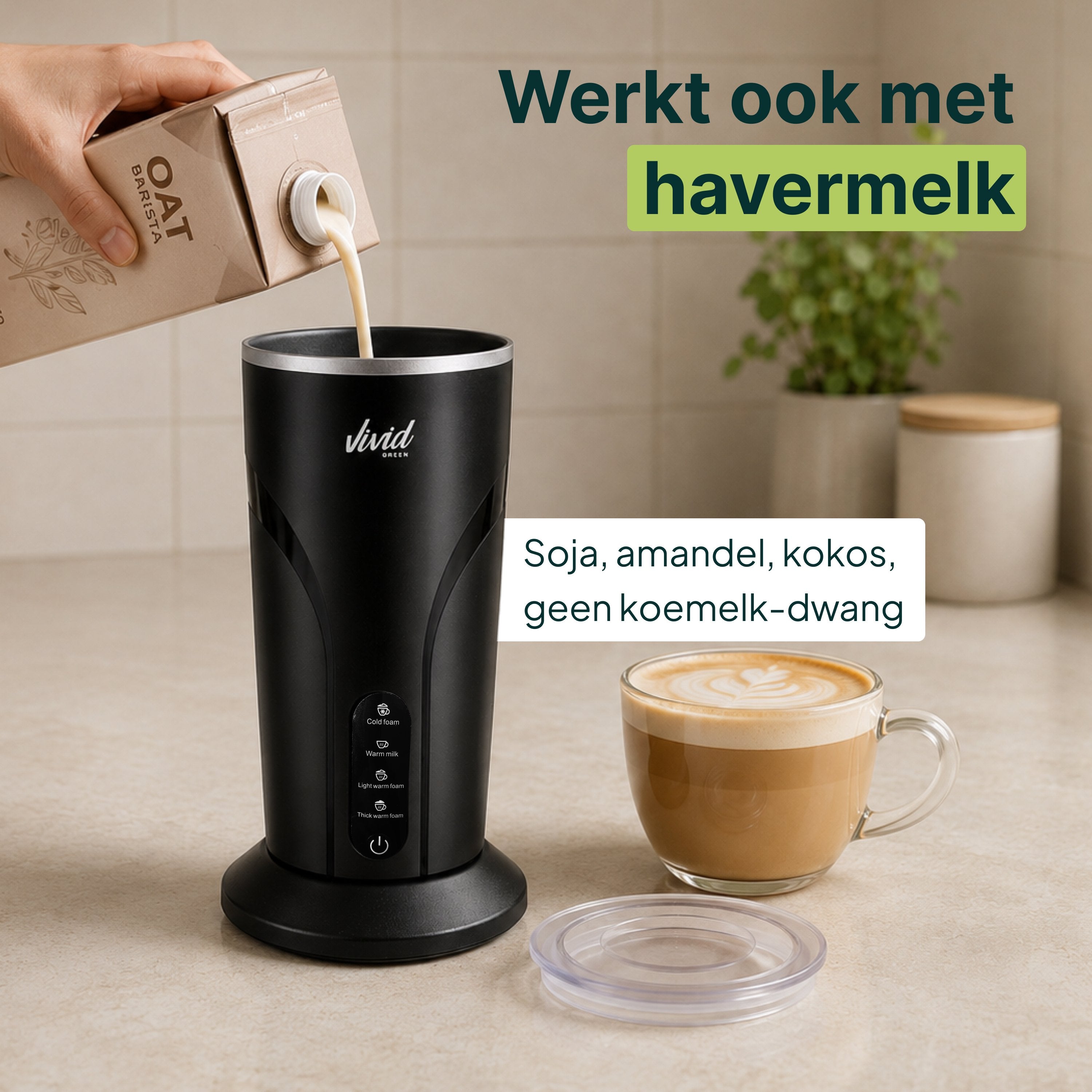 Vivid Green Melkopschuimer - PFAS-vrij - 4-in-1 Melkschuimer - Elektrische Melkklopper - Zwart