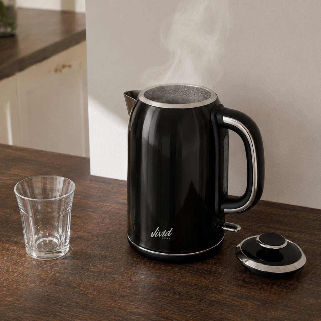 Vivid Green Luxe Waterkoker 1.7L - Retro Design - 2200W - BPA-vrij - 360° - RVS - Zwart
